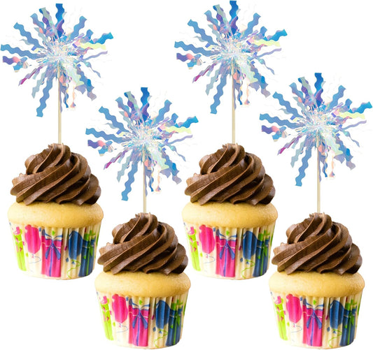 Gyufise 30Pcs Foil Firework Cupcake Toppers Happy Birthday Cake Toppers Tinsel Flower Drink Stirrers Cocktail Food Fruit Toothpicks for Valentine's Day Party Birthday Wedding Supplies Laser Silver