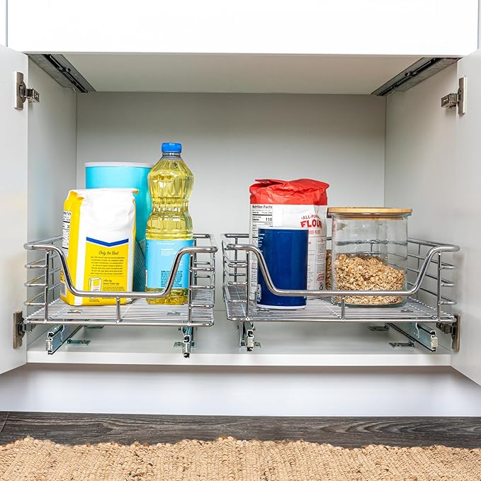 Household Essentials Glidez Chrome-Plated Steel Extended Depth 1-Tier Sliding Under Sink Cabinet Organizer, Chrome