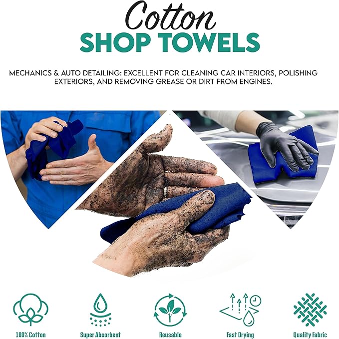 ZUPERIA Cotton Shop Towel – Multipurpose Cleaning Cloths (14" x 12" - Pack of 150 - Blue) Reusable Shop Rags for Automobiles, Industrial, Restaurants, Garage, and Homes