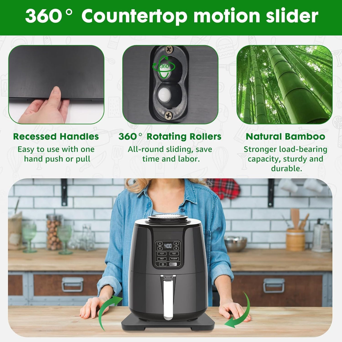 Appliance Slider 360° Rolling Tray for Coffee Maker Bamboo Coffee Pot Slider Tray Countertop Rotation Sliding Tray with Wheels, Small Appliances Mat Easily from Under the Cabinet Black(13.9"×9.4")