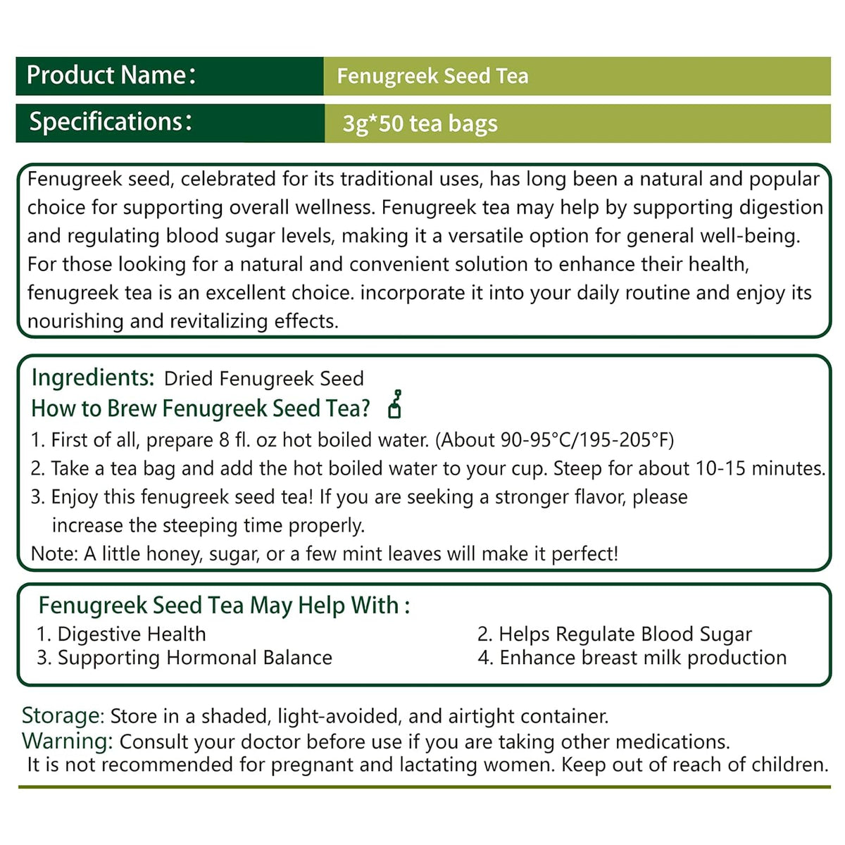 Samcci - Fenugreek Seed Tea Bags, 50 Teabags, 3g/bag - Natural Healthy Fenugreek Methi Seeds Herbal Tea - Non-GMO - Caffeine-free - Support Digestion & Improve Heart Health