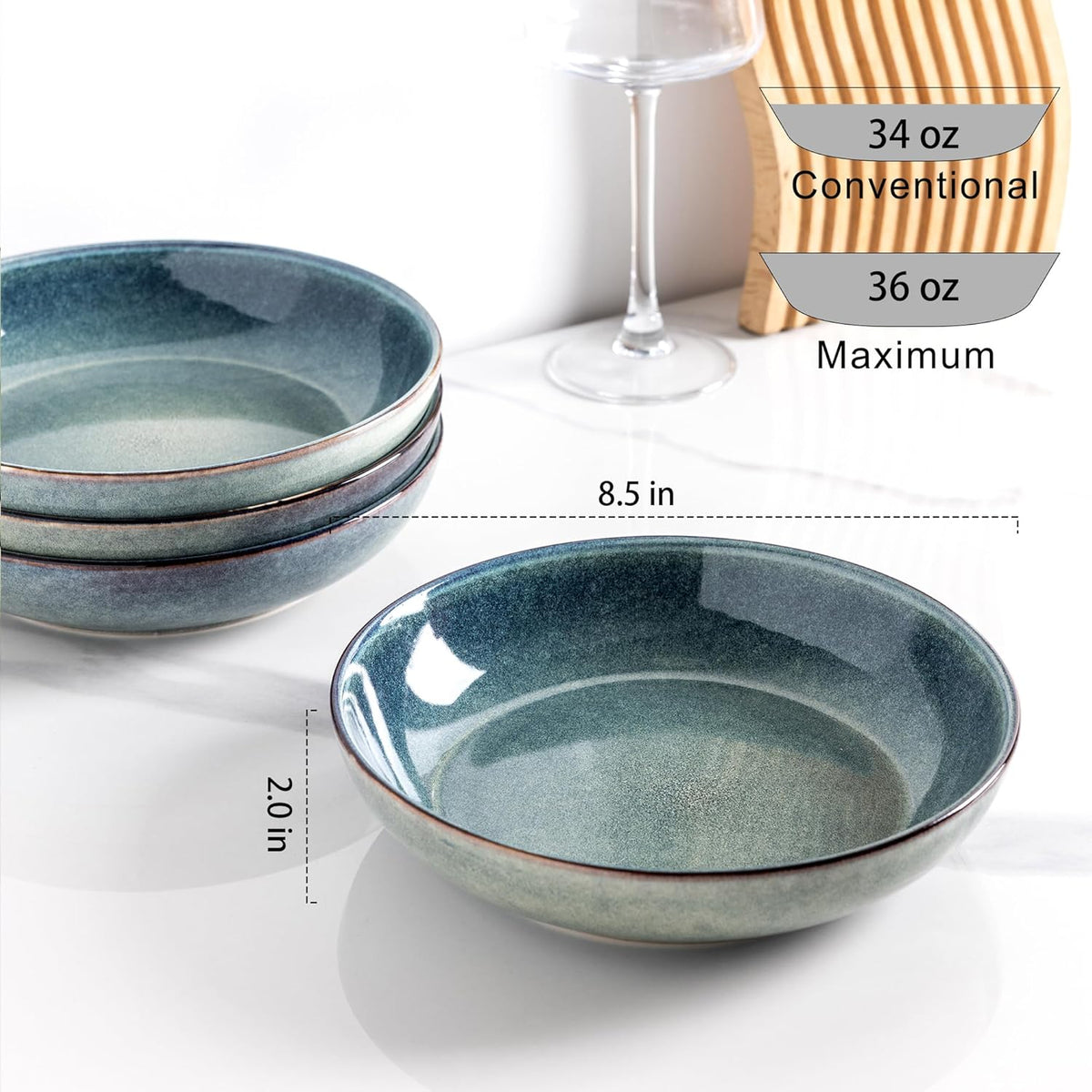AmorArc 8.5'' Large Ceramic Pasta Bowls Set, 36oz Stoneware Bowls Set of 4 for Kitchen, Reavtive Glaze Bowls-Microwave, Dishwasher Safe for Pasta,Salad,Oatmeal-Ceylon Blue