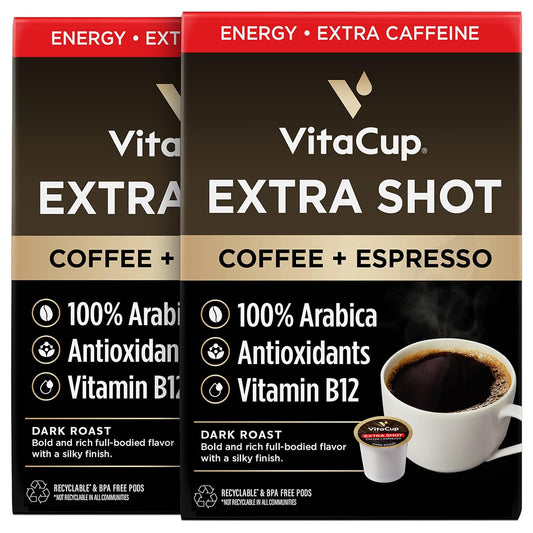 VitaCup Extra Shot Strong Coffee Pods, Bold & Intense Dark Roast w/Espresso Shot, High Caffeine, Vitamin B12, Antioxidants, Recyclable Single Serve Pod Compatible with Keurig K-Cup Brewers, 32ct
