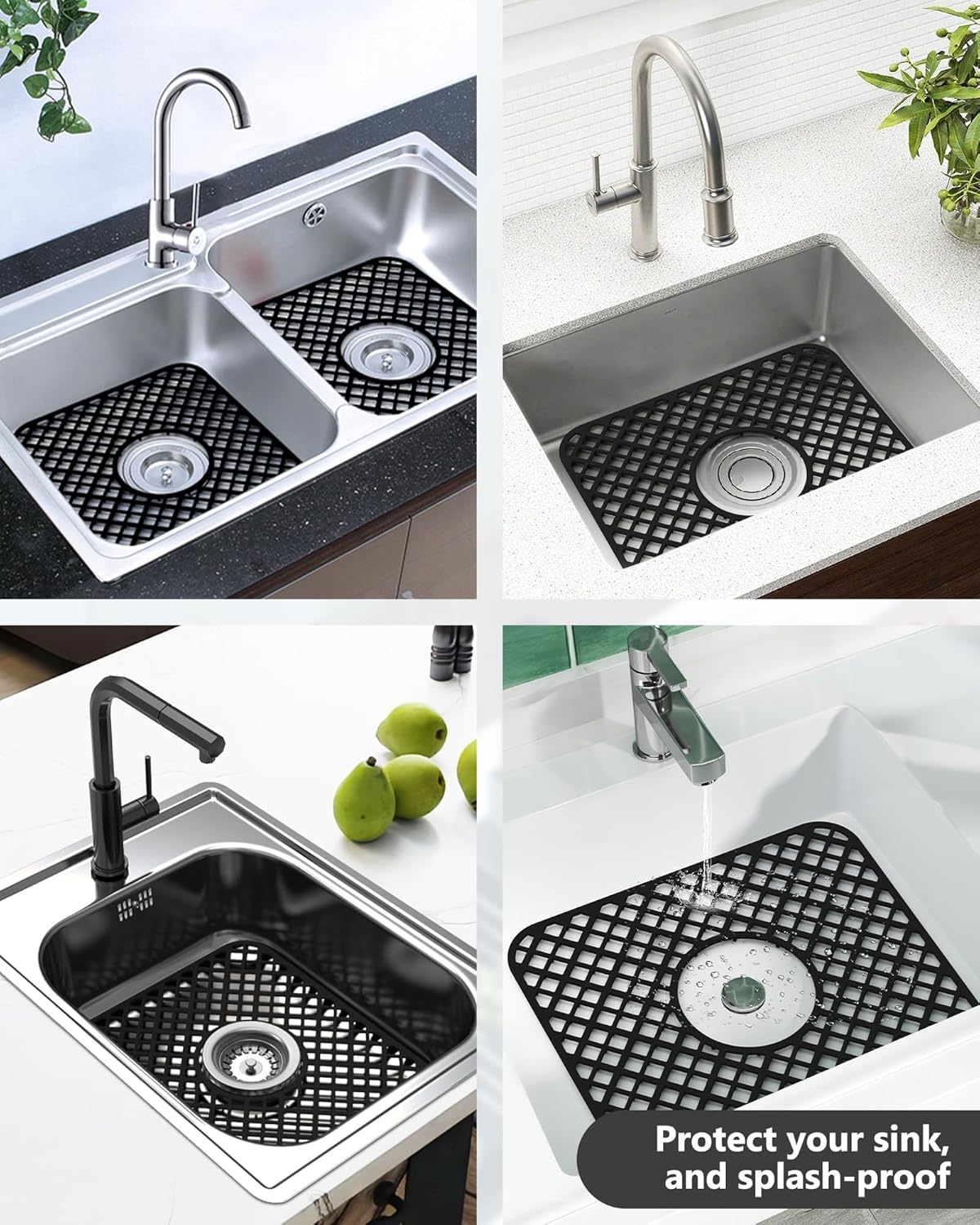 2 Pack Silicone Sink Protector for Kitchen Sink, Lozenge Pattern 13 x 11 inches Sink Grid Mat Silicone Protectors, Center Drain, Black
