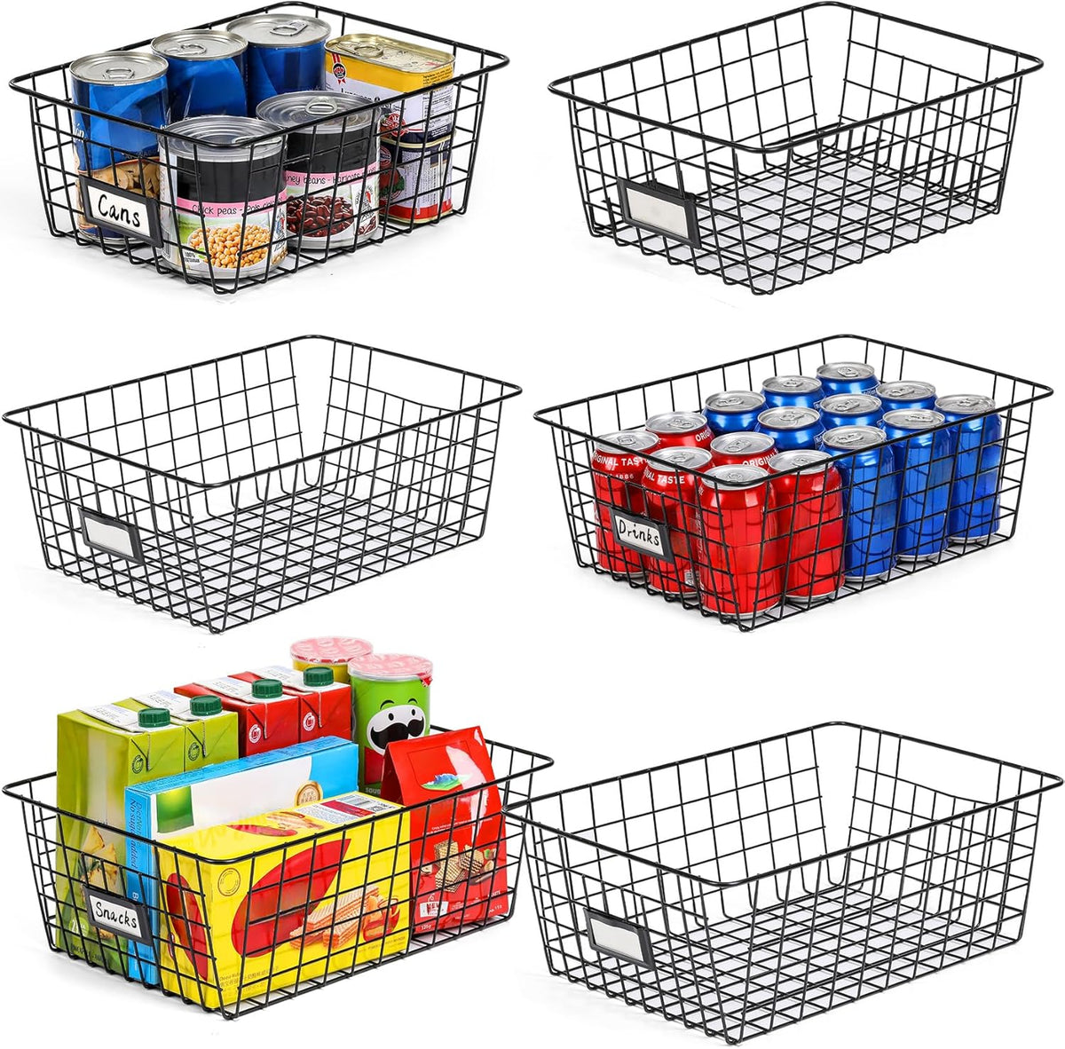 6 Pack Wire Baskets for Pantry Organization and Storage, Kitchen Organizer, 2 XXLarge & 2 XLarge & 2 Large