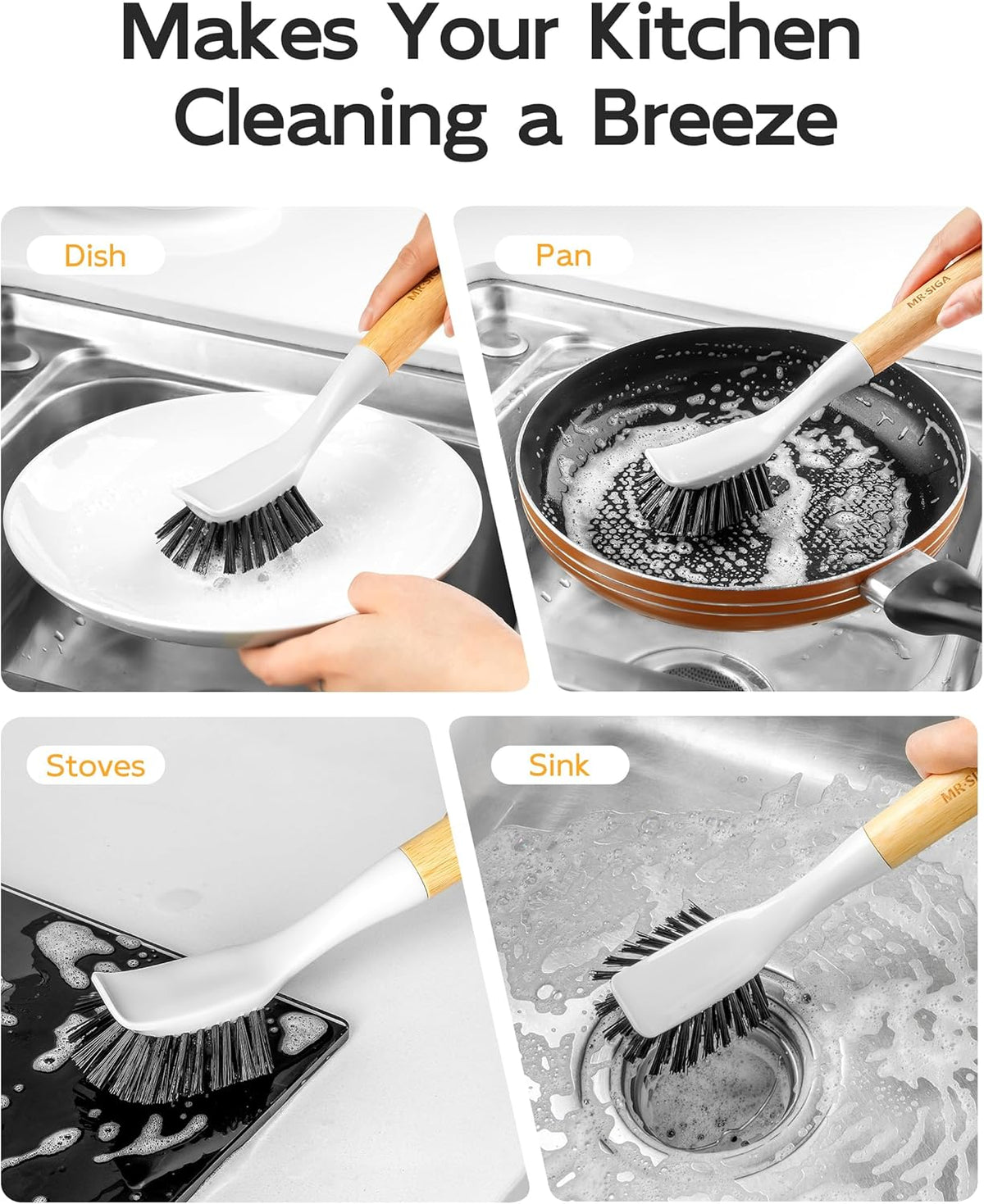 MR.SIGA Dish Brush with Handle, Dish Scrub Brush, Bamboo Dish Brush, Safe on Nonstick Pots, Pans, 2 Pack