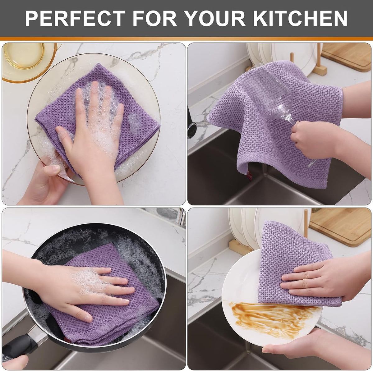 Kitinjoy 100% Cotton Kitchen Dish Cloths, 8 Pack Waffle Weave Ultra Soft Absorbent Dish Towels for Drying Dishes Quick Drying Kitchen Towels Dish Rags, 12 X 12 Inches, Lavender