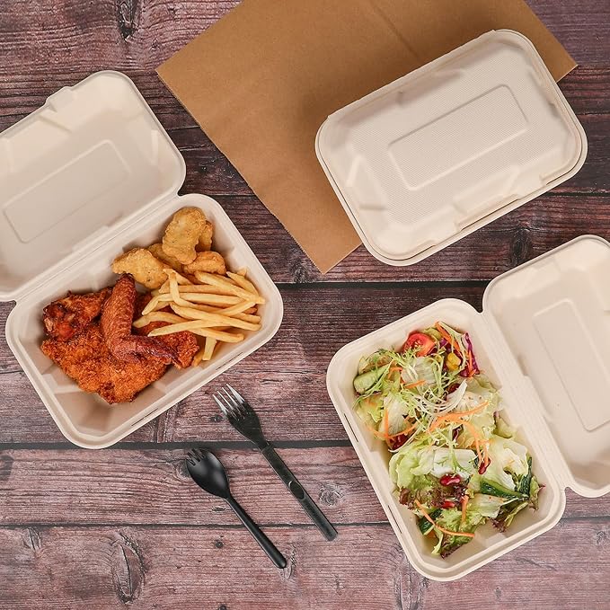Aricsen Compostable 50 Pack 9x6 Inch Takeout Lunch Box Containers with Lid To Go Take Out Clamshell for Food, Disposable Eco-Friendly Biodegradable Bagasse, PFAS-Free, Brown