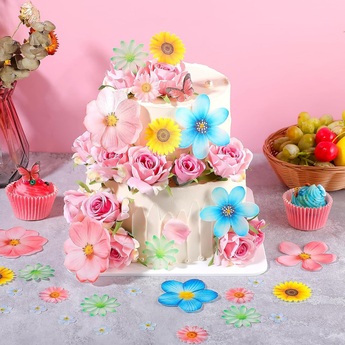 55 Pcs Edible Flowers & Butterflies Cake Decorations - Cupcake Toppers for Wedding, Birthday Party Food (Mixed Size & Colour)