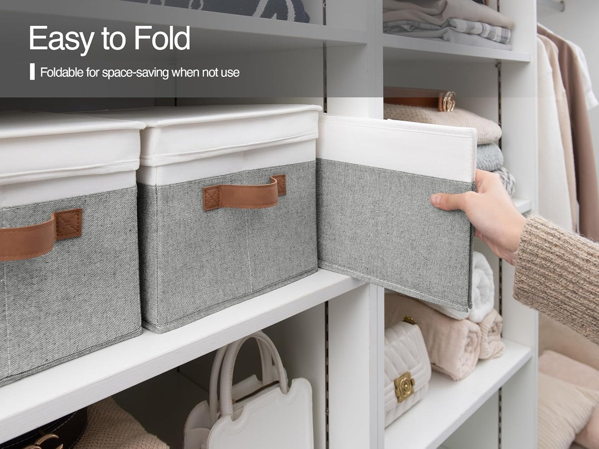 StorageWorks Storage Bins with Lids, Decorative Storage Boxes with Lid and PU Handles, Foldable Storage Baskets for Closet, Shelves, Stackable, Grey and White, Jumbo, 3-Pack