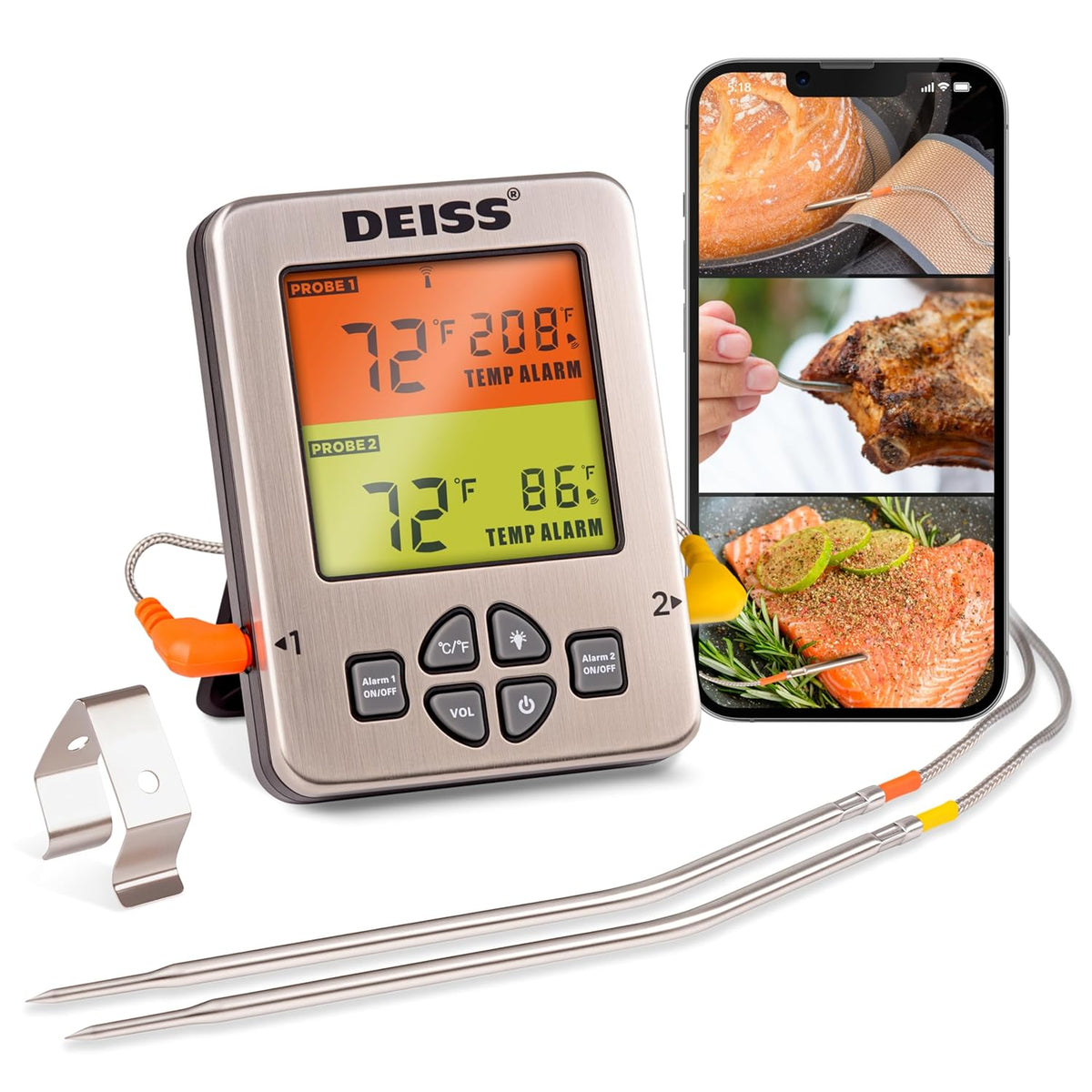 Deiss PRO Bluetooth Meat Thermometer Wireless – Digital Cooking Thermometer with 2 Probes, Oven Thermometer for Smoker Grill BBQ, Wireless Meat Thermometer for Grilling, Kitchen Food