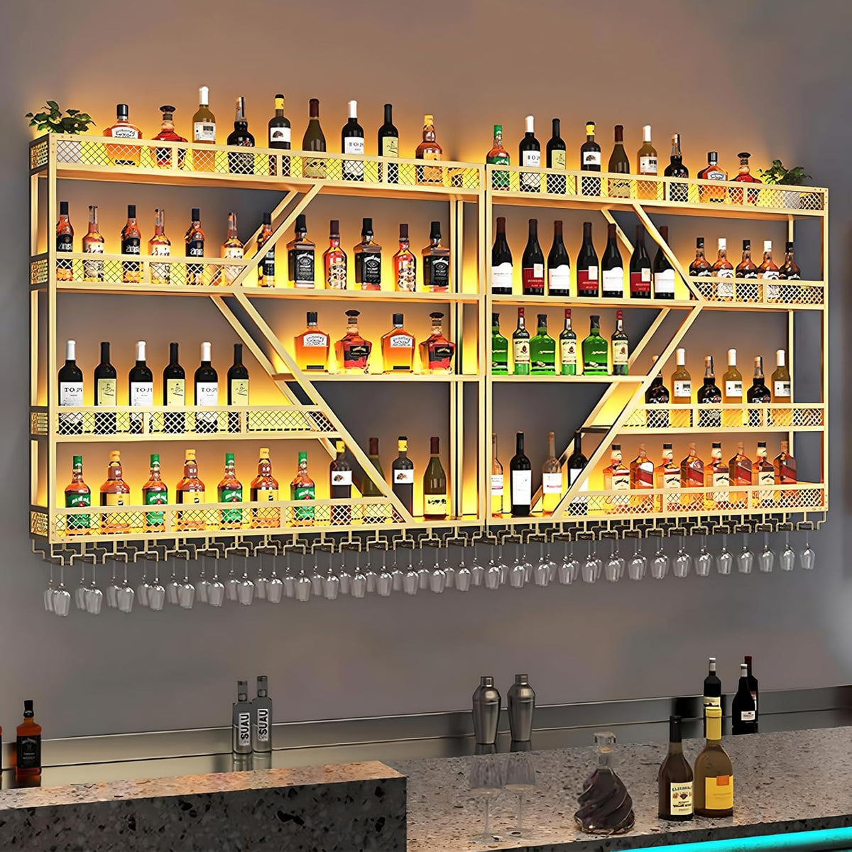 79in Metal Wine Rack Wall Mounted, Modern Wine Storage Rack Wall Mounted with Wine Glass Holder, Liquor Shelf, Bar Shelves for Liquor Bottles (4 Tiers Gold, 79 * 7.87 * 48.5INCH)