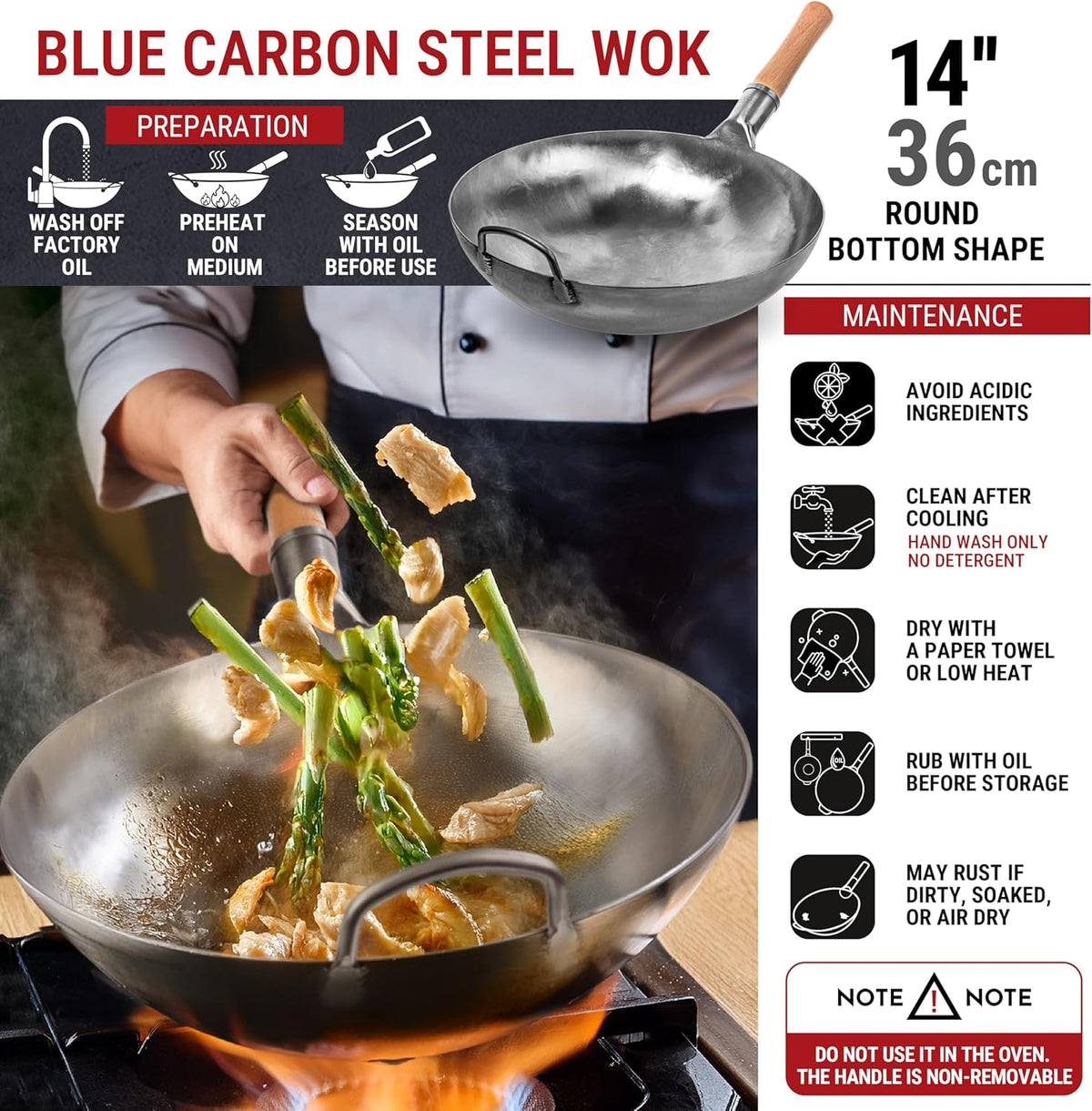 YOSUKATA 14” Round Bottom Carbon Steel Woks and Stir Fry Pans – Unseasoned Pow Wok for Stir Fry, BBQ, Grill & Camping – Hand-Hammered Traditional Japanese and Chinese Pan – Gas Stove, Open Fire Only