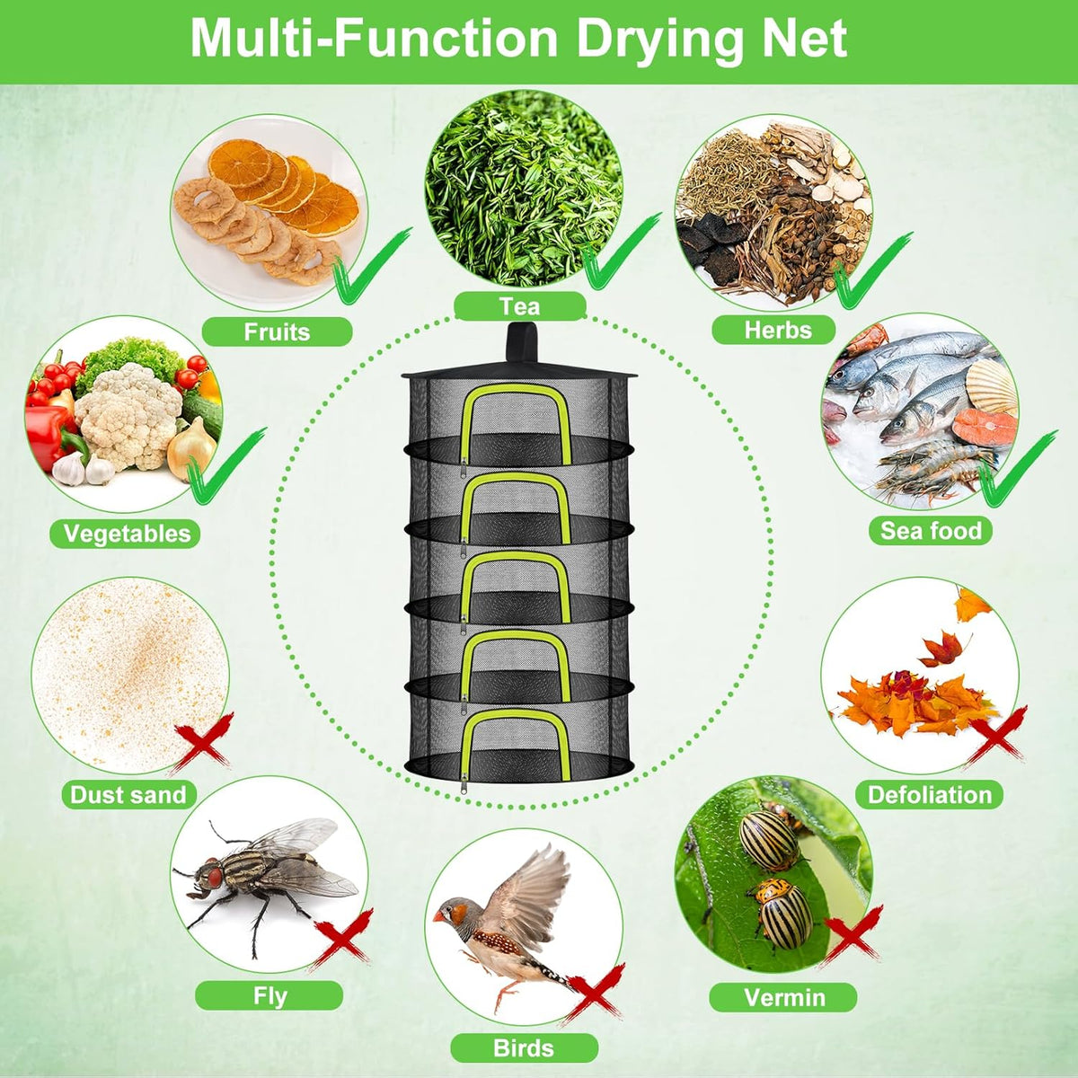 5 Layer Herb Drying Rack, Herb Drying Rack Hanging Mesh, Foldable Bud Drying Net with U-Shaped Zipper, Hooks, for Drying Herbs Plants, Flowers, Fruits, Food, Camping (5 Layers-23.62'')