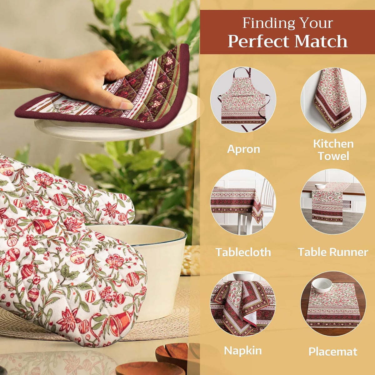 Maison d' Hermine 100% Cotton Oven Mitt & Pot Holder Set (7.5"x13" & 8"x8") Heat Resistant BBQ Cooking Gloves with Loop, Baking, Grilling, Kitchen, Handling Hot Pans (Reveillon Au Jardin)