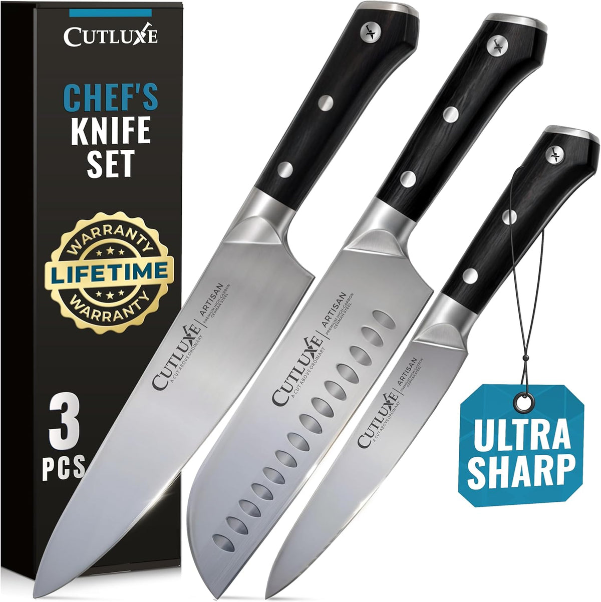 Cutluxe Chef Knife Set, 3 PCS Professional Chef's Knife Set – Razor Sharp German Steel, Full Tang, Ergonomic Handles - Artisan Series