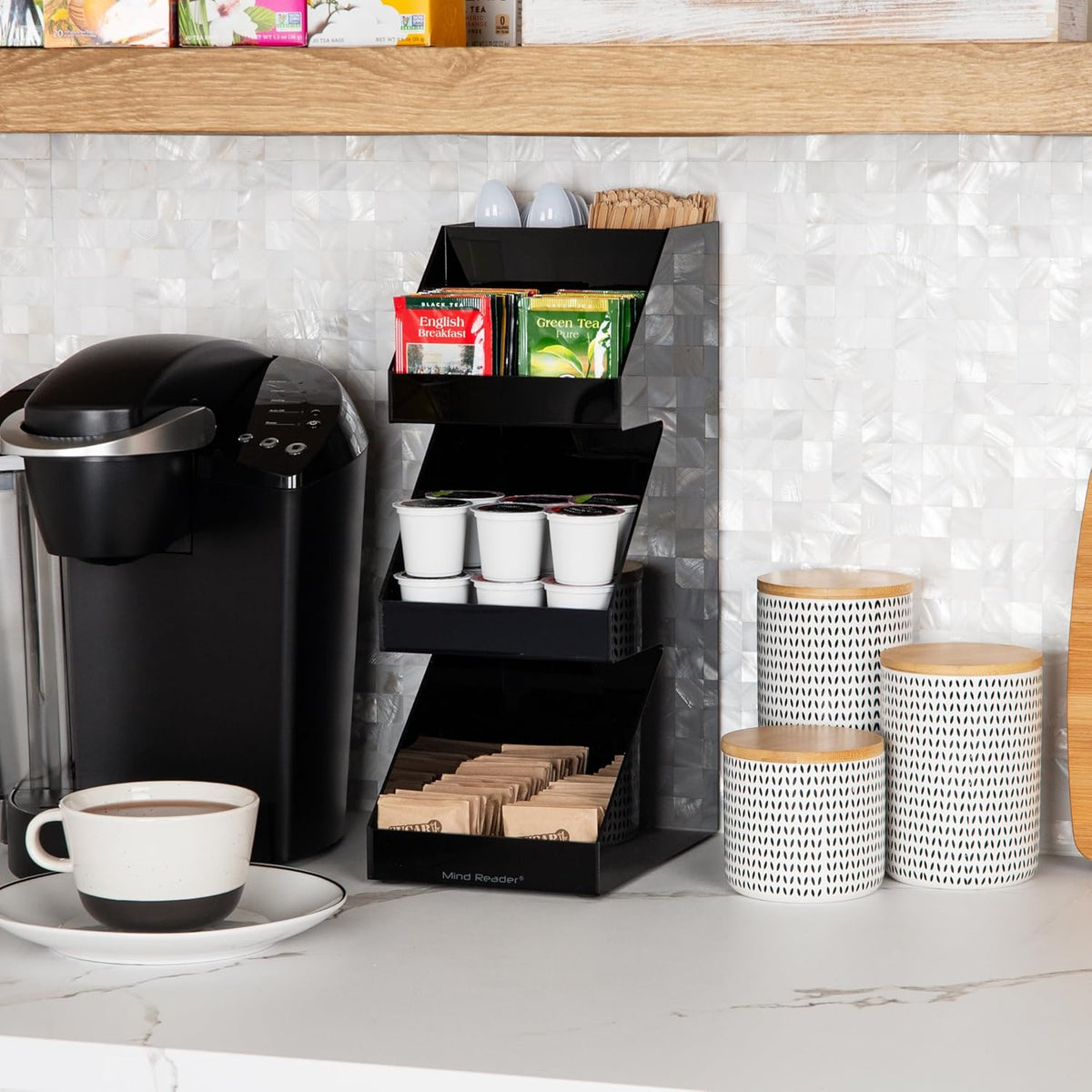 Mind Reader Coffee Tea Utensil and Condiment Station, Countertop Organizer, Coffee Bar, Kitchen, 6"L x 9"W x 16"H, Black