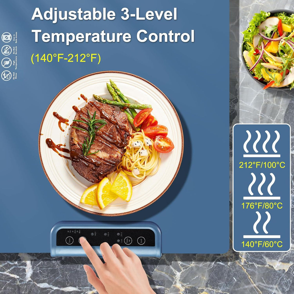 Warming Mat for Food, Full Surface Heating Electric Warming Tray for Food, 3-Temperature Settings Portable Food Warming Mat, Auto Shut-Off Rollable Warming Trays for Buffets Party, Gatherings Blue