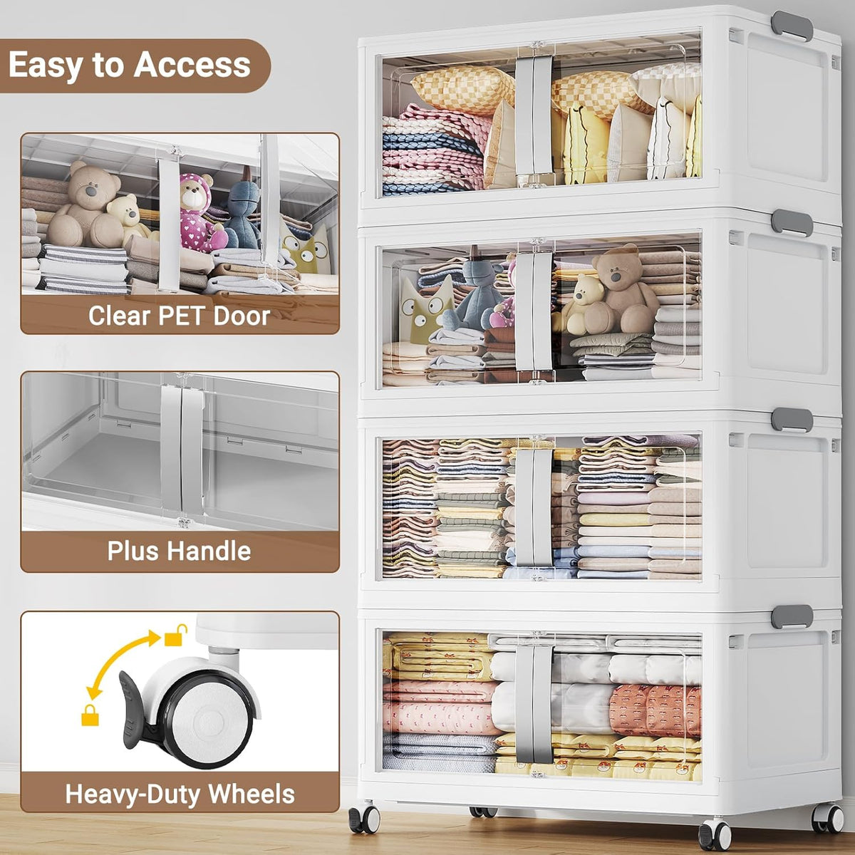 800QT Stackable Storage Bins with Lids, 200Gal Extra Large Collapsible Storage Box with Wheel, Plastic Storages with Clear Door Open Front for Home Bedroom Garage, White-5pack(5 lids)
