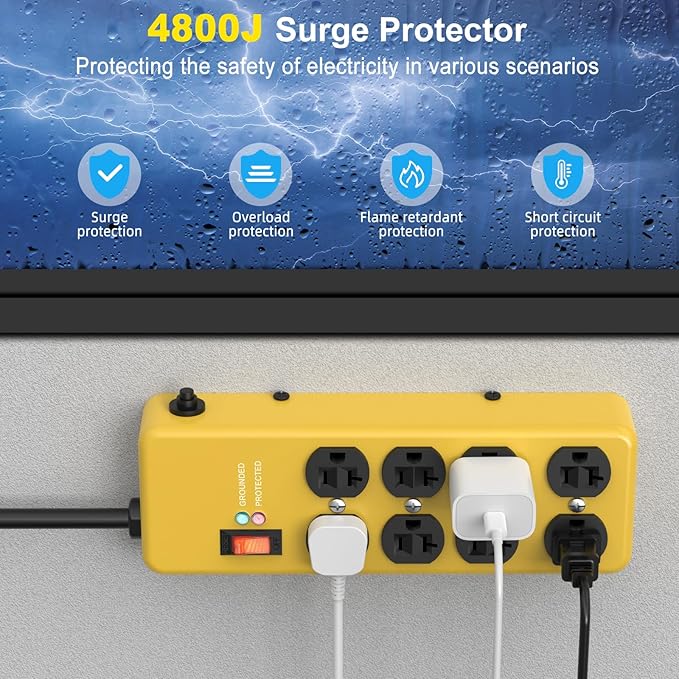 HEZI 20A Power Strip Surge Protector Durable Metal 8-Outlet with Heavy Duty 20 Amp Extension Cord, 12 Gauge for Garage,Workshop & Industrial Use with 6-20R T-Slot Outlets,4800J(Yellow,10FT)