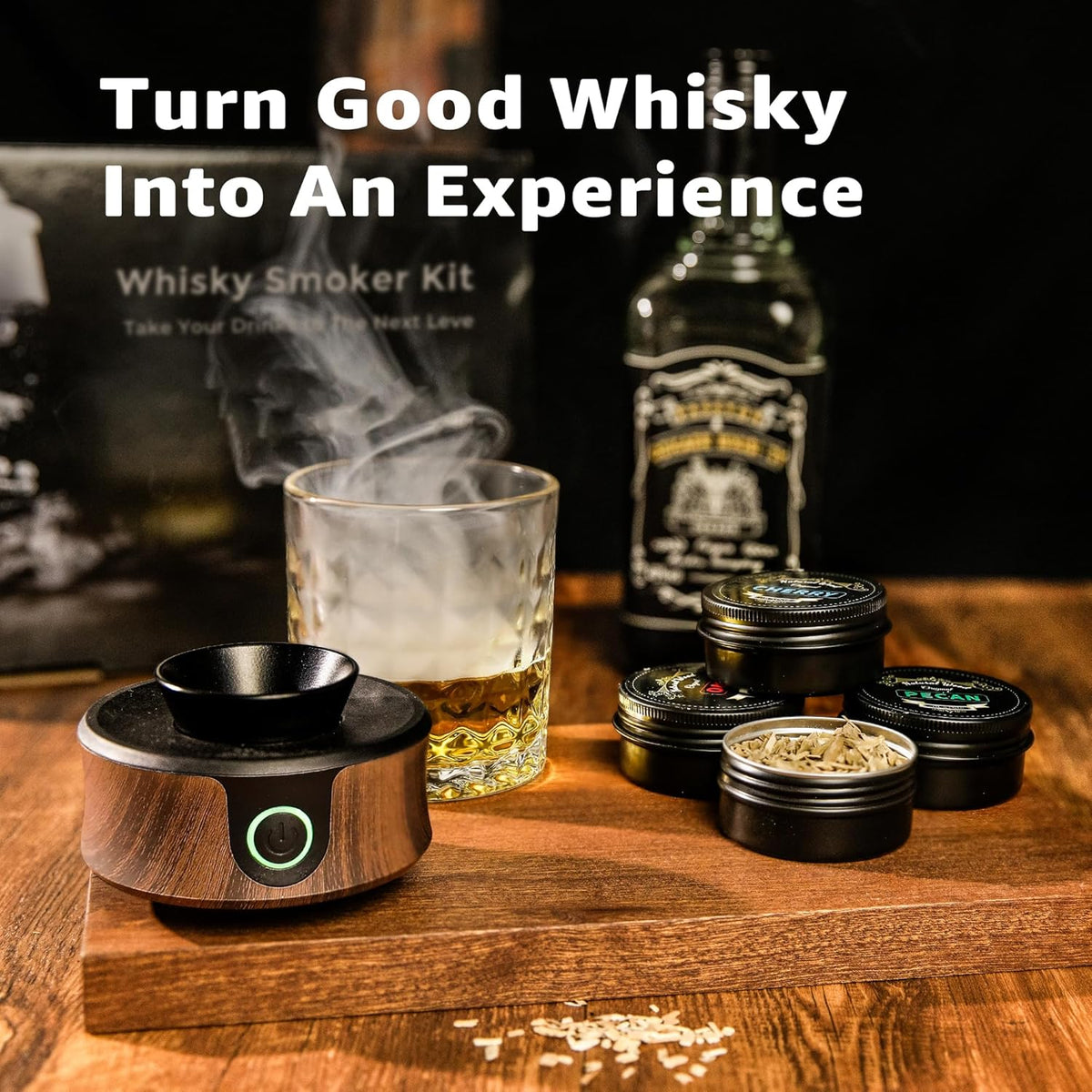 Electric Whiskey & Cocktail Smoker Kit with Torch – Built-in Fan, 6 Wood Chips, Old Fashioned & Whiskey Drink Smoker, Ideal Gift for Dad & Men (Butane Not Included)