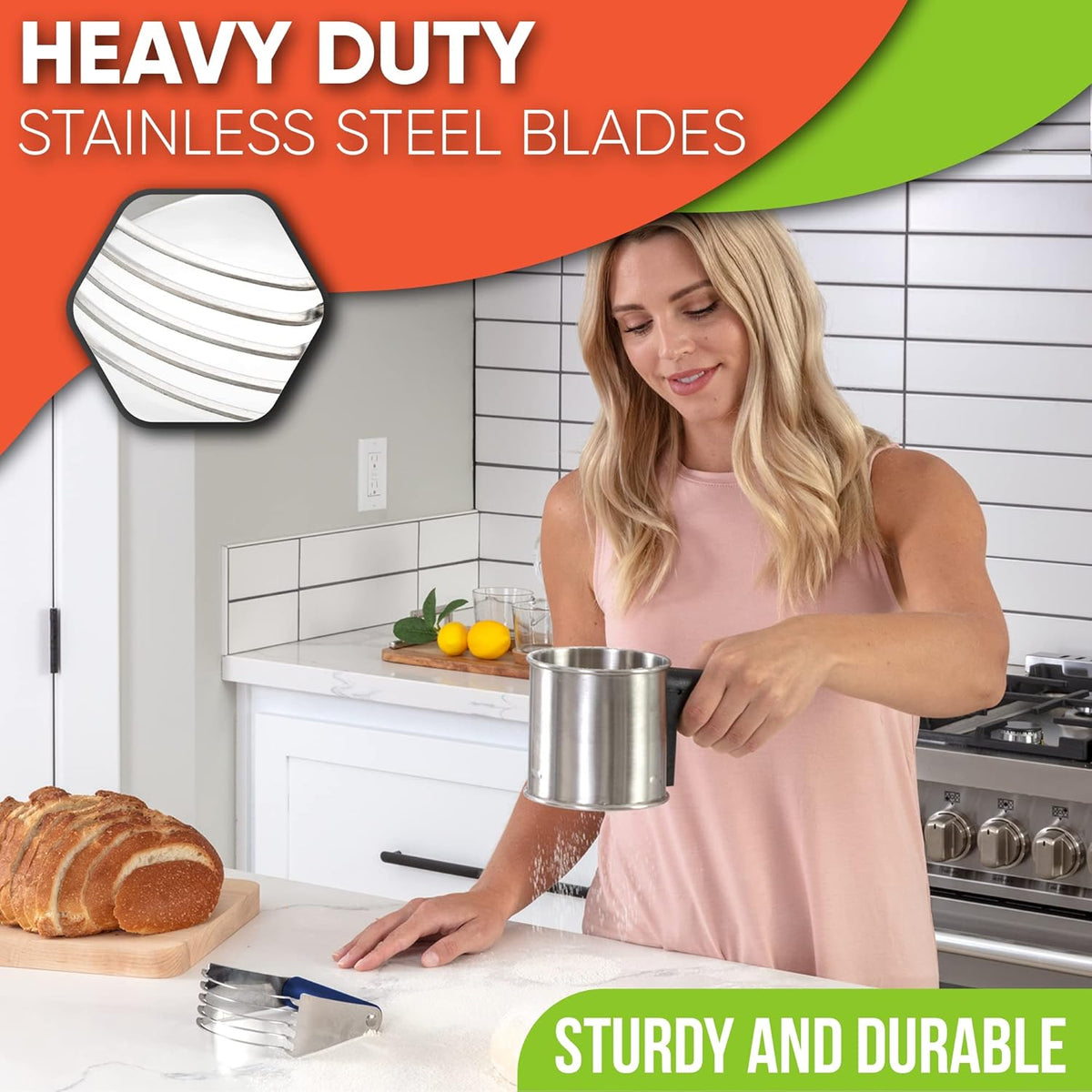 Spring Chef Medium Size Dough Blender For Baking, Dough Cutter Tool, Stainless Steel Puff Pastry Cutter Tool with Soft Grip Handle, Dishwasher Safe Pastry Blender for Easy Mixing - Sapphire