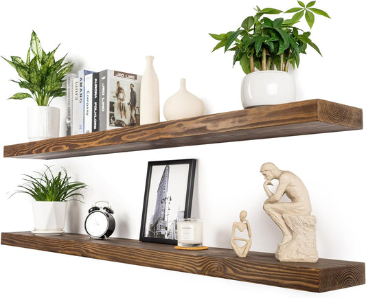 Rustic Floating Shelves 60 inch Long 8 "deep Set of 2, Heavy Duty Wood Wall Mounted Shelves for Bathroom Living Room Kitchen,Book Shelves with Thickened Hidden Bracket- Walnut