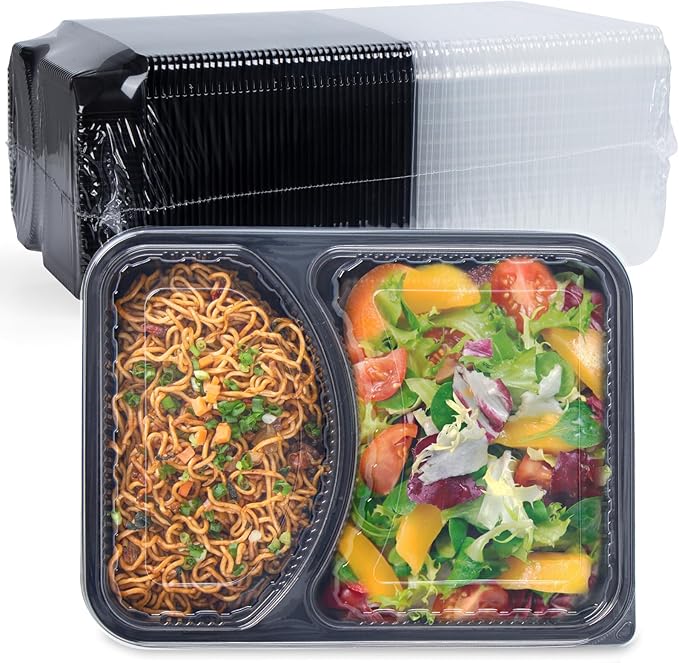 FRESHPAK Takeout Containers Reusable 40 Pack 40oz - Shrink Wrap Leakproof | Portion Control Leftovers Plastic Container with Lid | BPA Free Freezer & Microwave Safe Meal Prep | 2 Compartment Lunch Box