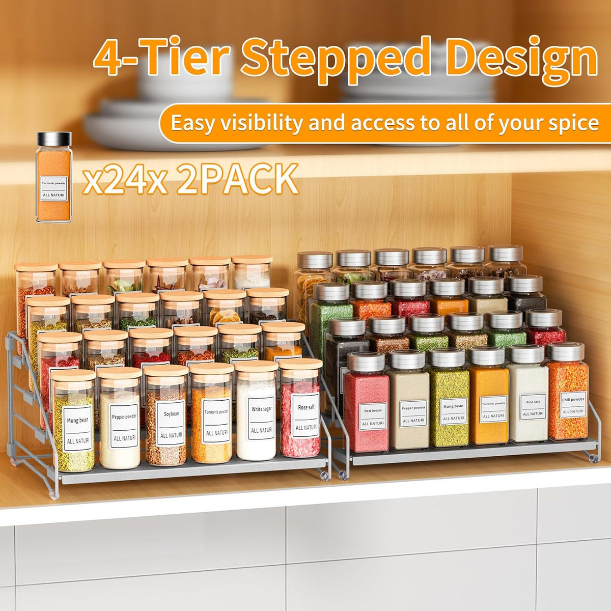RCHYFEED 4 Tier Spice Rack Organizer, Spice Organization for Cabinet,Pantry, Countertop,Tiered Spice Rack Easy Visibility,Depth Expandable Seasoning Shelf for Kitchen Cabinet Organizer,Silver,2 PACK