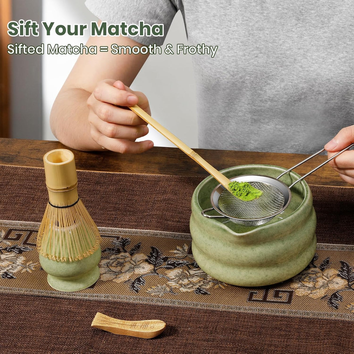 Matcha Whisk Set 7pcs, Japanese Macha Making Kit - 17oz Bowl with Spout, Bamboo Whisk, Chasen Holder, Scoop, Scoop Rest, Stainless Steel Sifter & Towel, Tea Gift Tools for Starter & Enthusiasts, Green