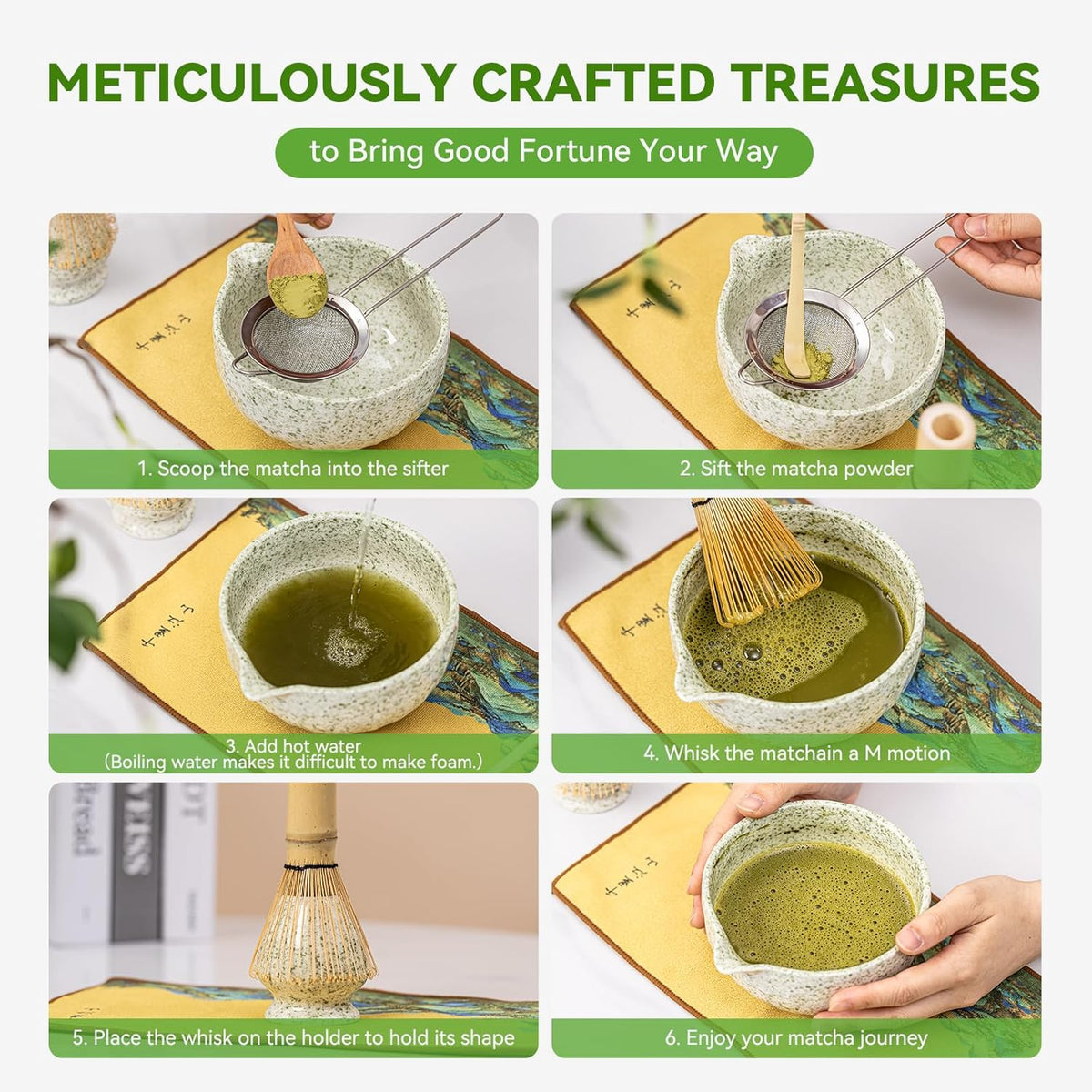 Japanese Matcha Whisk Set,Ceramic Matcha Set Includes Bowl with Spout,Matcha Sifter, Bamboo Whisk and Holder for Matchas Tea,2 Bamboo Scoop, Scoop Rest,Tea Towel -8 Pcs Kit Gift for Matcha Lovers