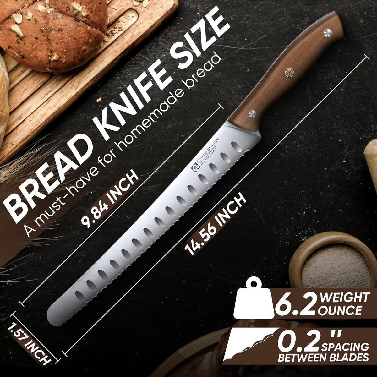 Purple Dragon Bread Knife for Homemade Bread, Serrated Knife, German High Carbon Steel Slicing for Sourdough, Cake and Fruits, Gift Box, Anniversary Idea Gift - Rounded