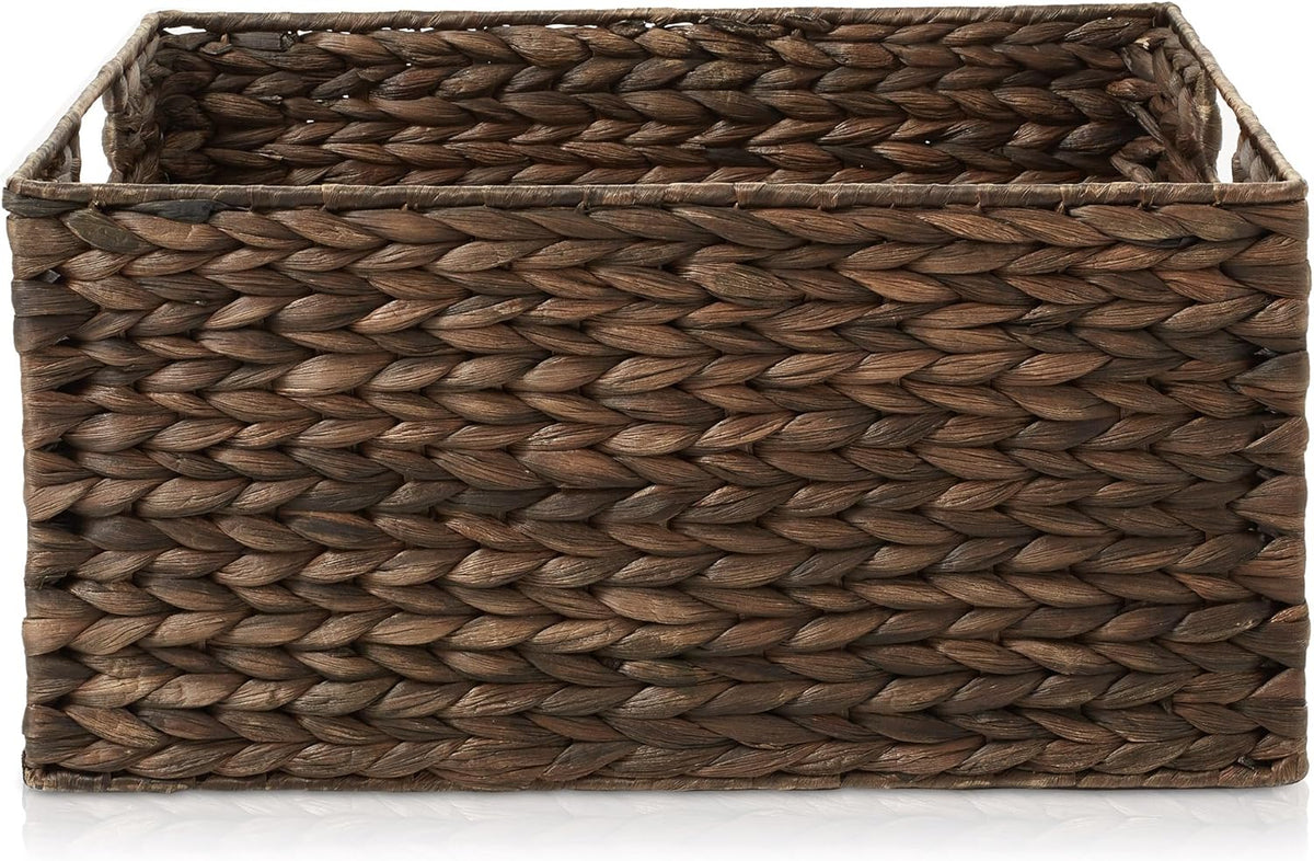 Casafield Set of 2 Water Hyacinth Pantry Baskets, 12-1/2" x 17" x 8", with Chalkboard Labels and Chalk Marker - Espresso, Woven Storage Bin Organizers for Kitchen Shelves