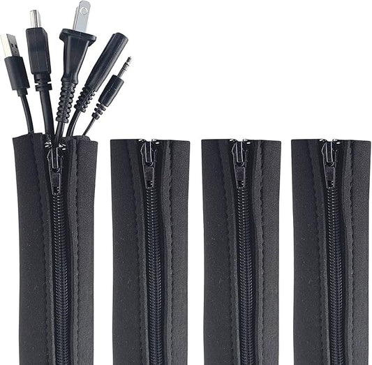 Zipper Cable Sleeve by Wrap-It Storage - 24" x 4" (4-Pack) Black - Cord Organizer and Cable Protector for Desk, Computer, TV Cord Management to Hide and Cover Wire and Extension Cables