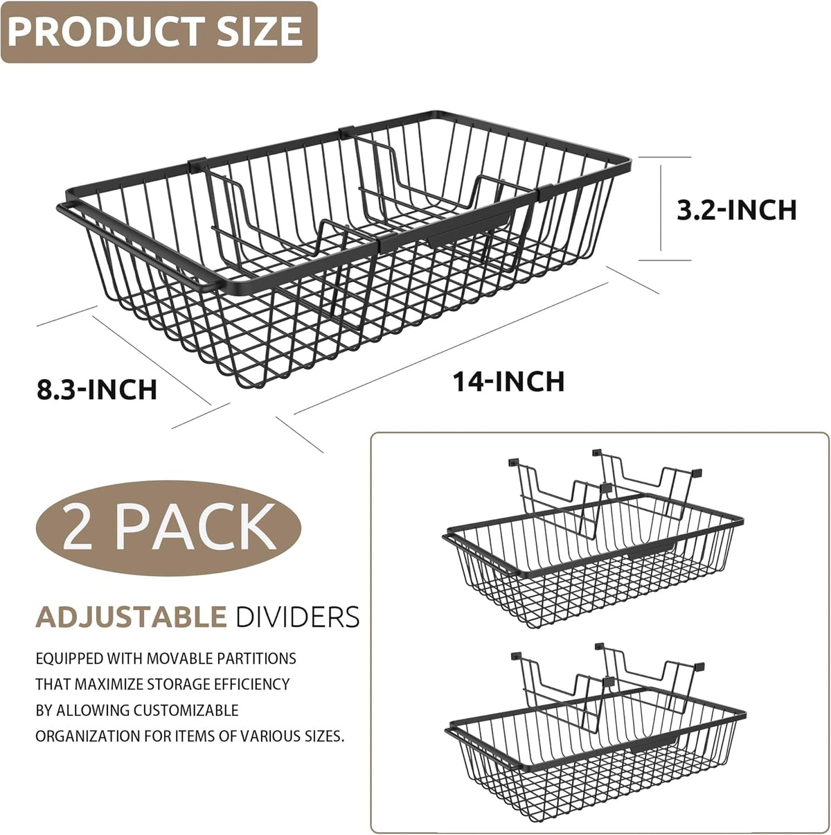 【2 PACK】Wire Baskets for Organizing,14-Inch Metal Basket Movable Partition,Wire Baskets for Pantry&Kitchen, bathroom, cabinets, tabletop, etc