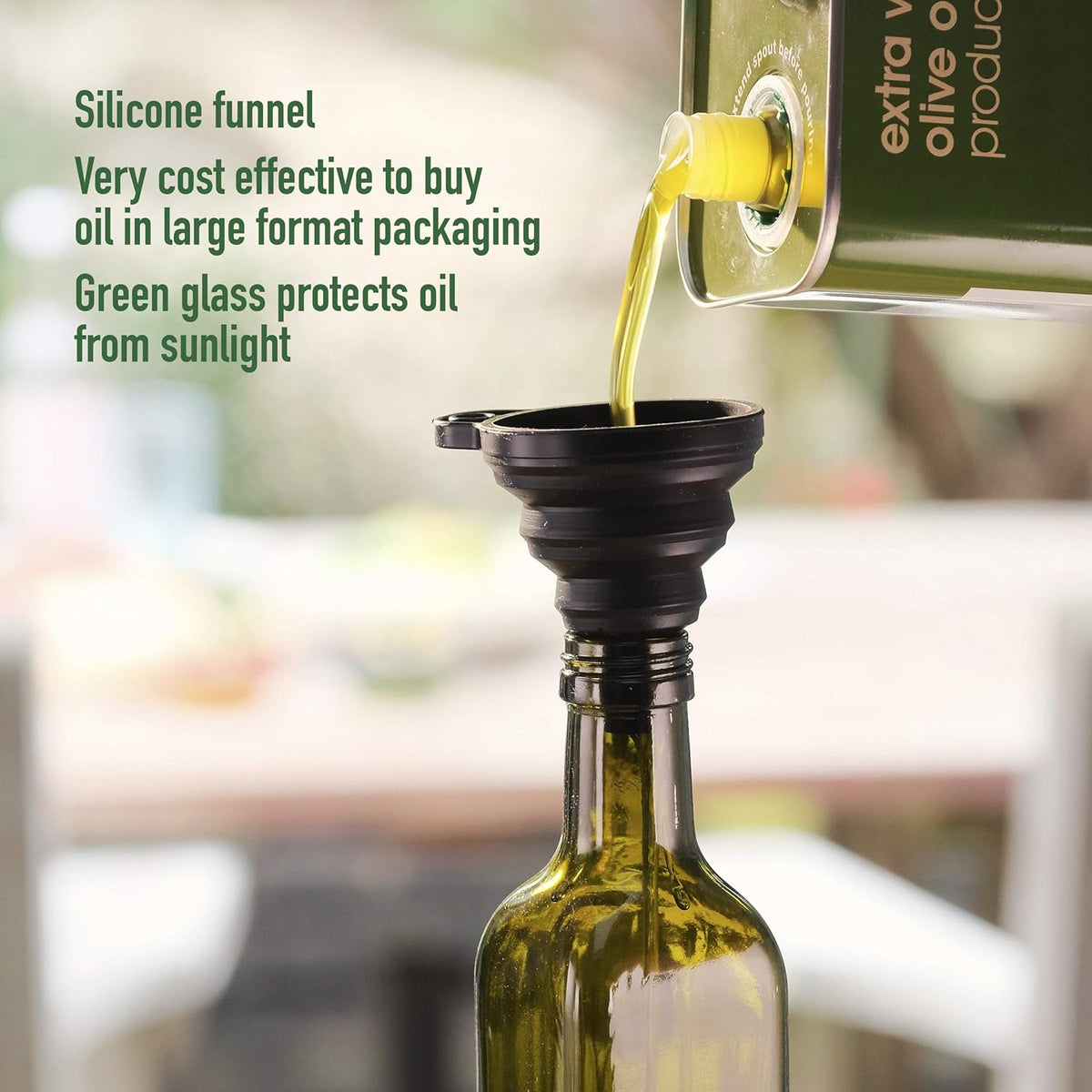 Poura Glass Olive Oil Bottle Drizzler with Pourer Spout - Hygienic Open and Close Pourer Prevents Oxidation Keeping Olive Oil Fresh - Includes Funnel for No Mess Or Wastage
