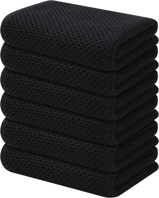 Kitinjoy 100% Cotton Waffle Weave Kitchen Towels, 6-Pack Super Soft and Absorbent Dish Towels for Drying Dishes, Kitchen Hand Towels, 13 in x 28 in, Black