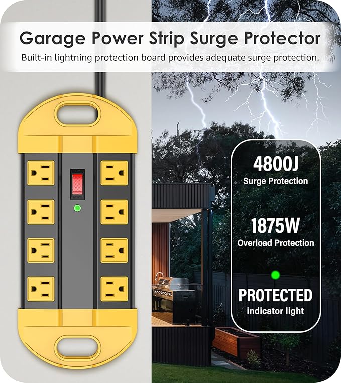 CCCEI Heavy Duty Power Strip Surge Protector, Metal 8 Outlets Power Strip for Appliance. Garage Shop Industrial Workbench 15 AMP Outlets Strip. 13FT Extension Cord