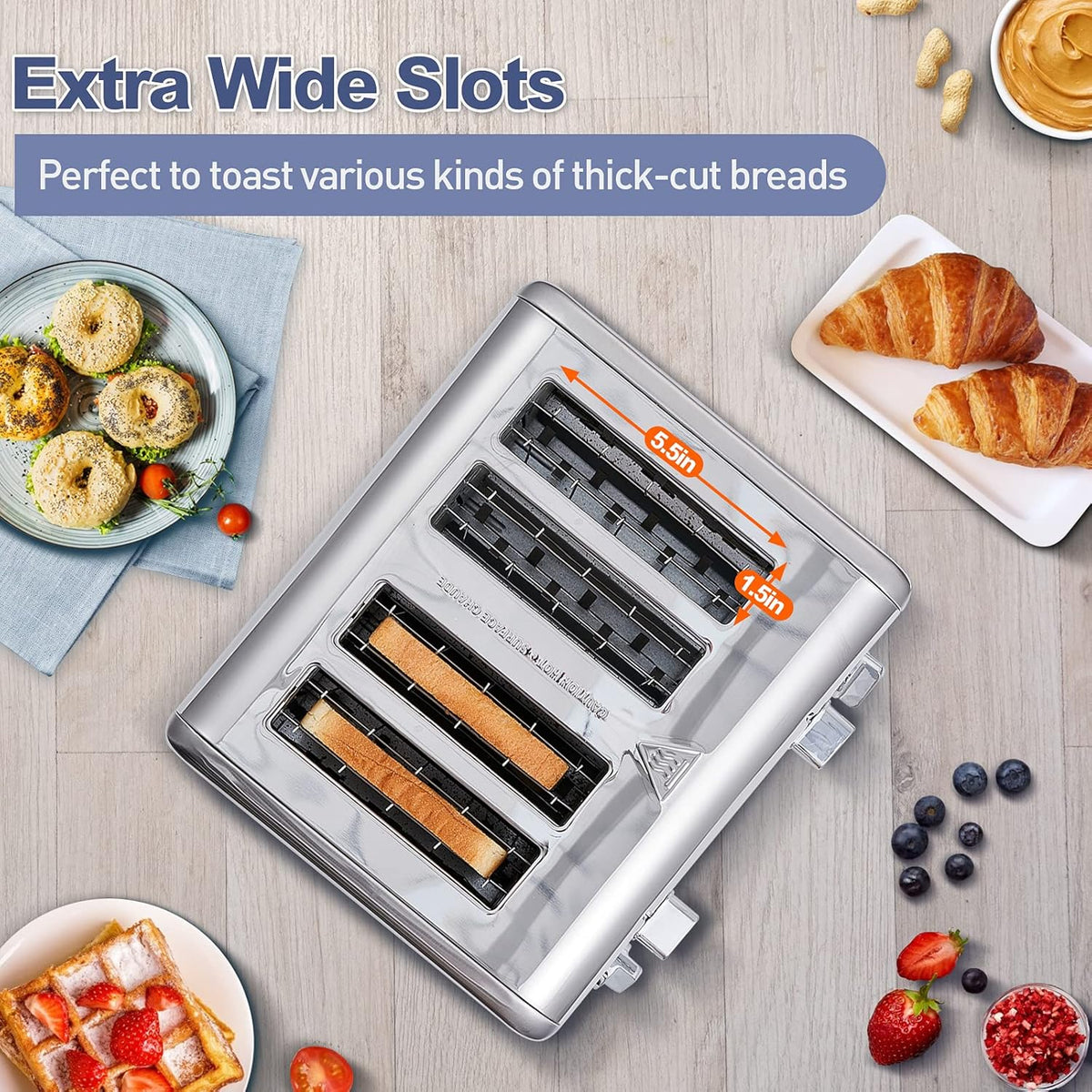 CUSIMAX 4 Slice Toaster, Ultra-Clear LED Display & Extra Wide Slots, Dual Control Panels of 6 Shade Settings, Cancel/Bagel/Defrost Function, Removable Crumb Trays, Stainless Steel Toaster