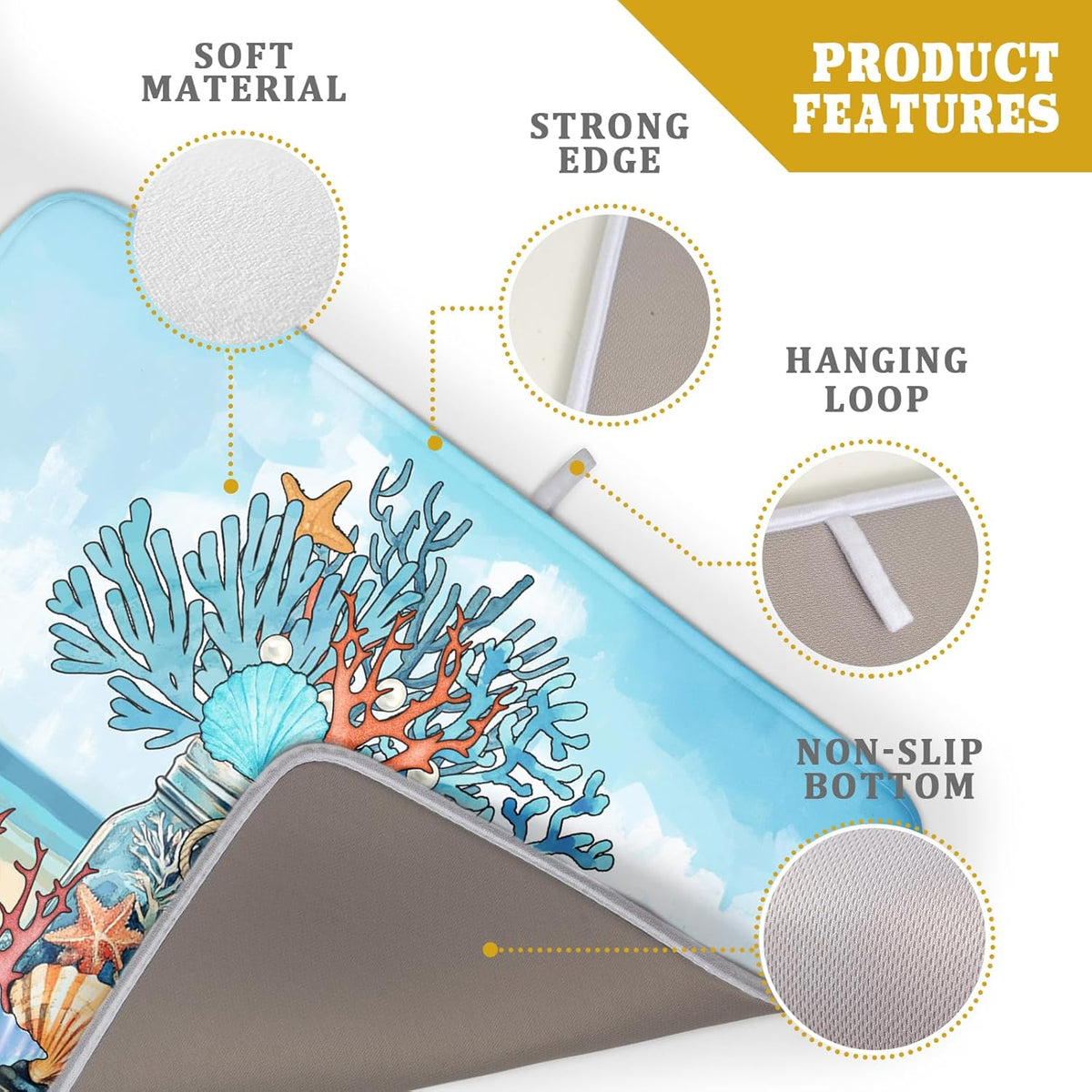 Coastal Coral Dish Drying Mat 18x24 inch Starfish Shell Fast Dry Microfiber Dish Rack Mats Drainer Pad for Countertop Kitchen Table Decor