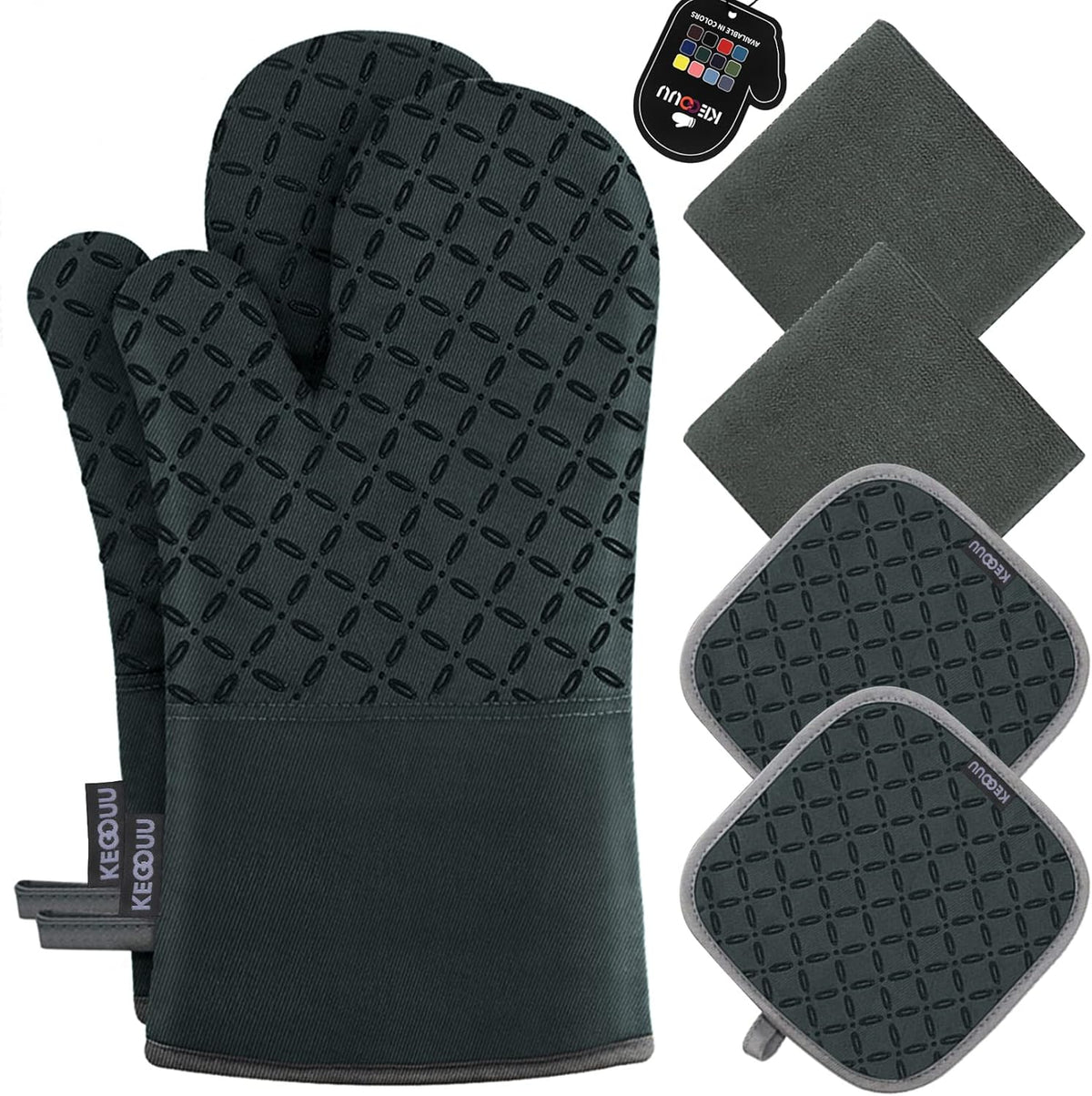 KEGOUU Oven Mitts and Pot Holders 6pcs Set, Kitchen Oven Glove High Heat Resistant 500 Degree Extra Long Oven Mitts and Potholder with Non-Slip Silicone Surface for Cooking (Deep Green)