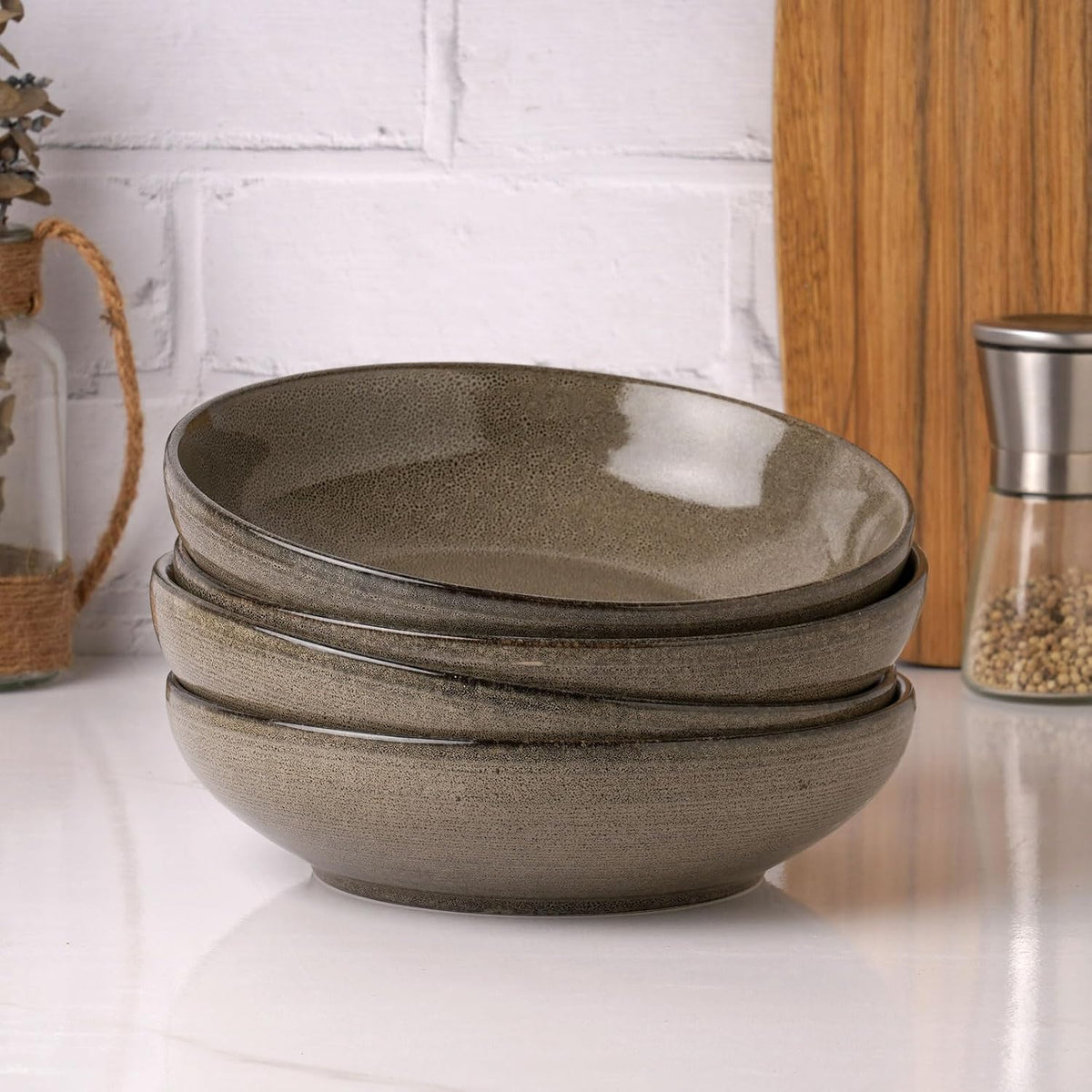 famiware Tempus Pasta Bowls Set of 4, 40 oz Bowls for Kitchen, Stoneware Deep Serving Bowls, Dishwasher & Microwave Safe Bowls for Cereal, Salad, Soup, Dessert etc - Dark Olive