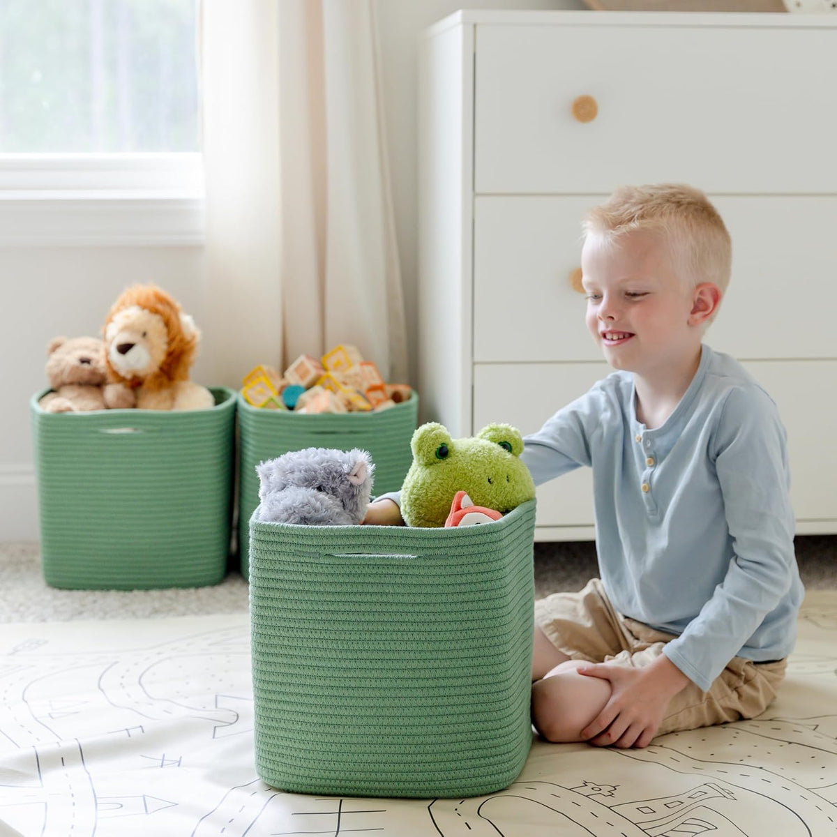 NaturalCozy 13 Inch Cube Storage Bins Cotton Rope Woven Baskets for Organizing 3-Pack | 13 x 13 Storage Cubes | Fabric Square Storage Baskets for Shelves Organizer, Kids Toy Bins, Closet Baby Nursery