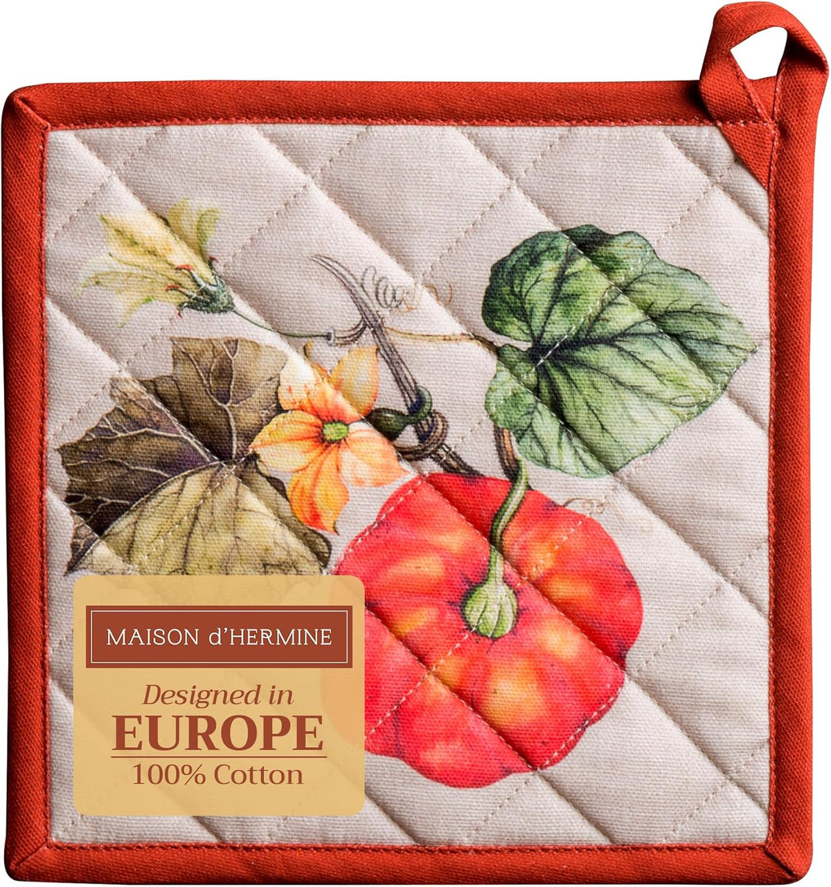 Maison d' Hermine Pot Holders 100% Cotton Heat Resistant Potholders 8" x 8" Hot Pads with Loop BBQ, Cooking, Baking, Grilling, Kitchen, Handling Hot Pans (Pack of 1, Potiron)