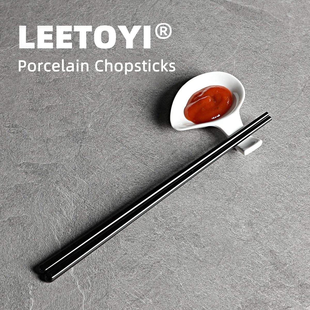 LEETOYI Ceramic Chopsticks Set of 5, Porcelain Chinese Chopsticks Easy To Clean, 9.6-Inch (Black)
