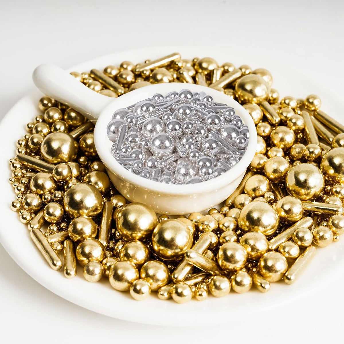 Kasvan Gold and Silver Sugar Sprinkles - Edible Candy Pearls with 4-Claw Sprinkle Pen,8.32Oz, Gift Box Pack, Baking Cake Decorations, Ice Cream Toppings and Cookie Decorating, Wedding Party Chirstmas Supplies