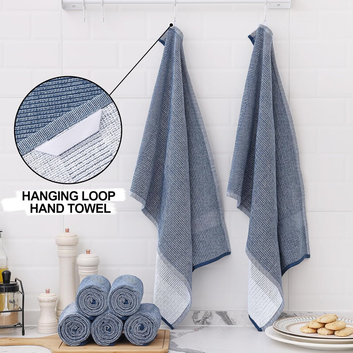 Homaxy Premium Kitchen Towels(18”x 28”, 12 Pack), Large Cotton Kitchen Hand Towels, Flat and Terry Dish Towels, 380 GSM Highly Absorbent Tea Towel Set with Hanging Loop, Navy Blue