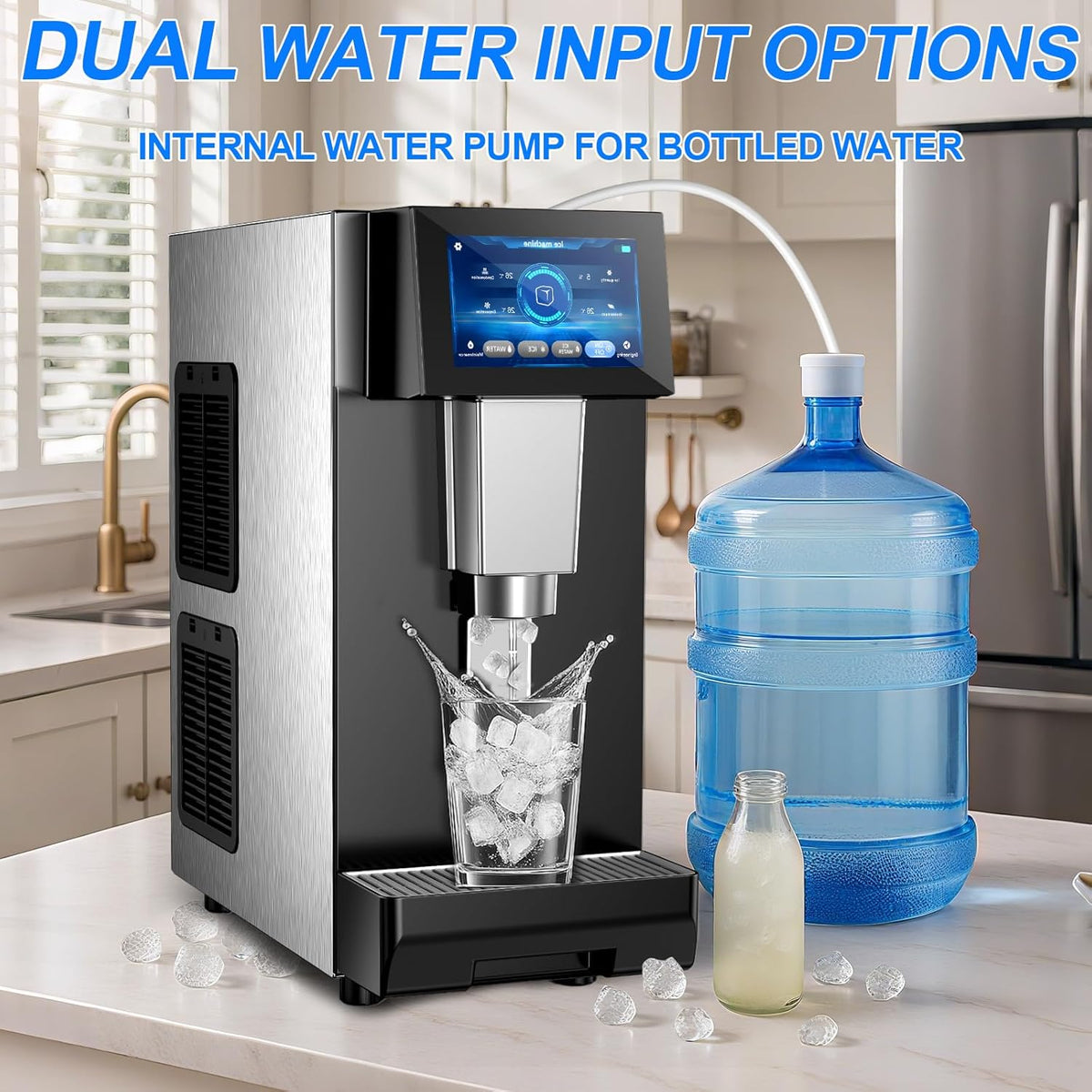 Undercounter Nugget Ice Maker with Water Dispenser – 60 lbs/Day, 10 lbs Bin, Soft Chewable Ice Machine, Self-Cleaning Stainless Steel Ice Machine Maker for Home, Bar, Kitchen, Office