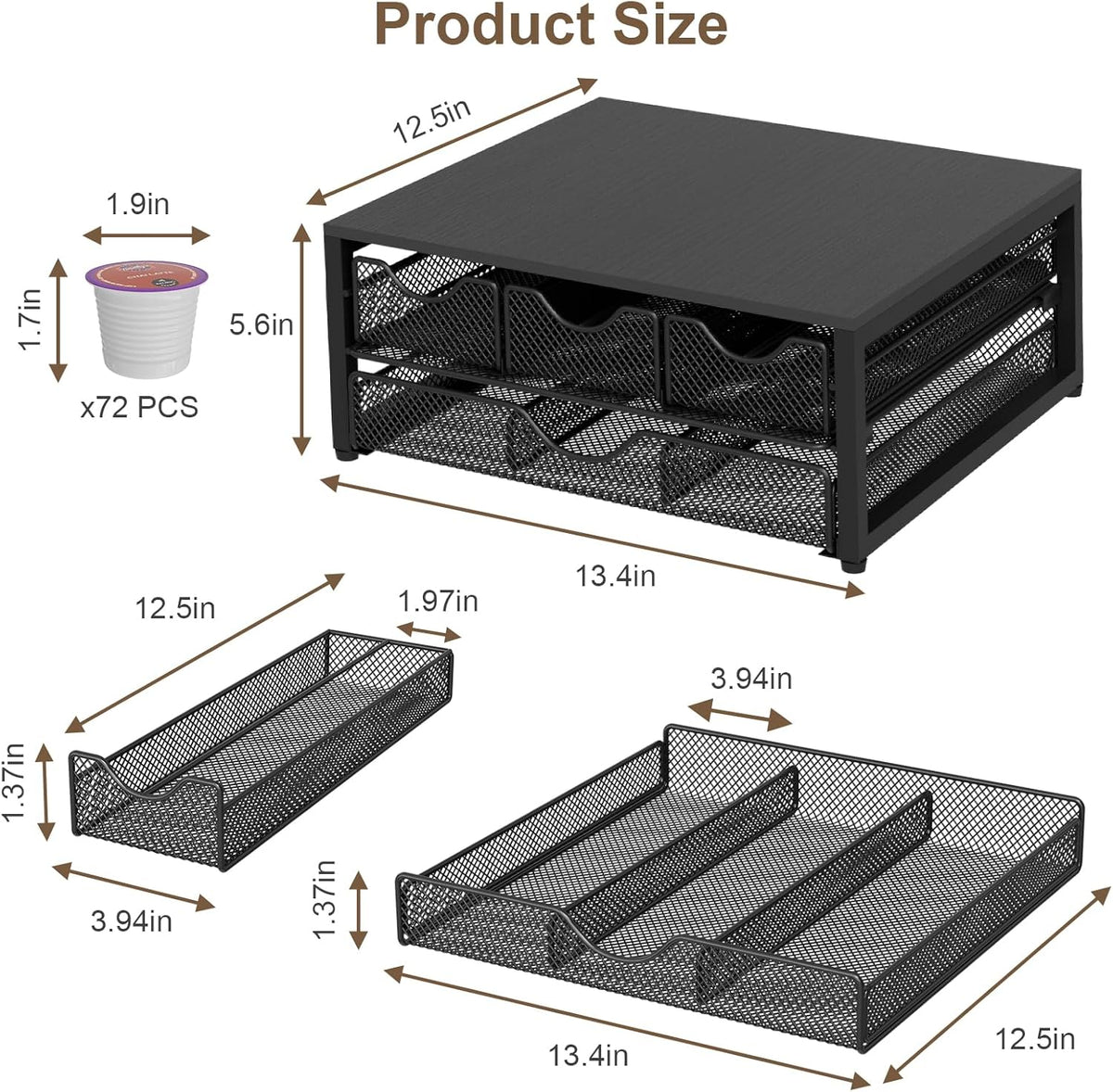 Coffee Pod Holder For Counter, 3 Pull-Out 72 K-Cup Holder Drawer, Wooden Cafe Pods Storage Organizer with Sliding Drawers for Coffee Station, Home, Kitchen, Office, Dorm, Black