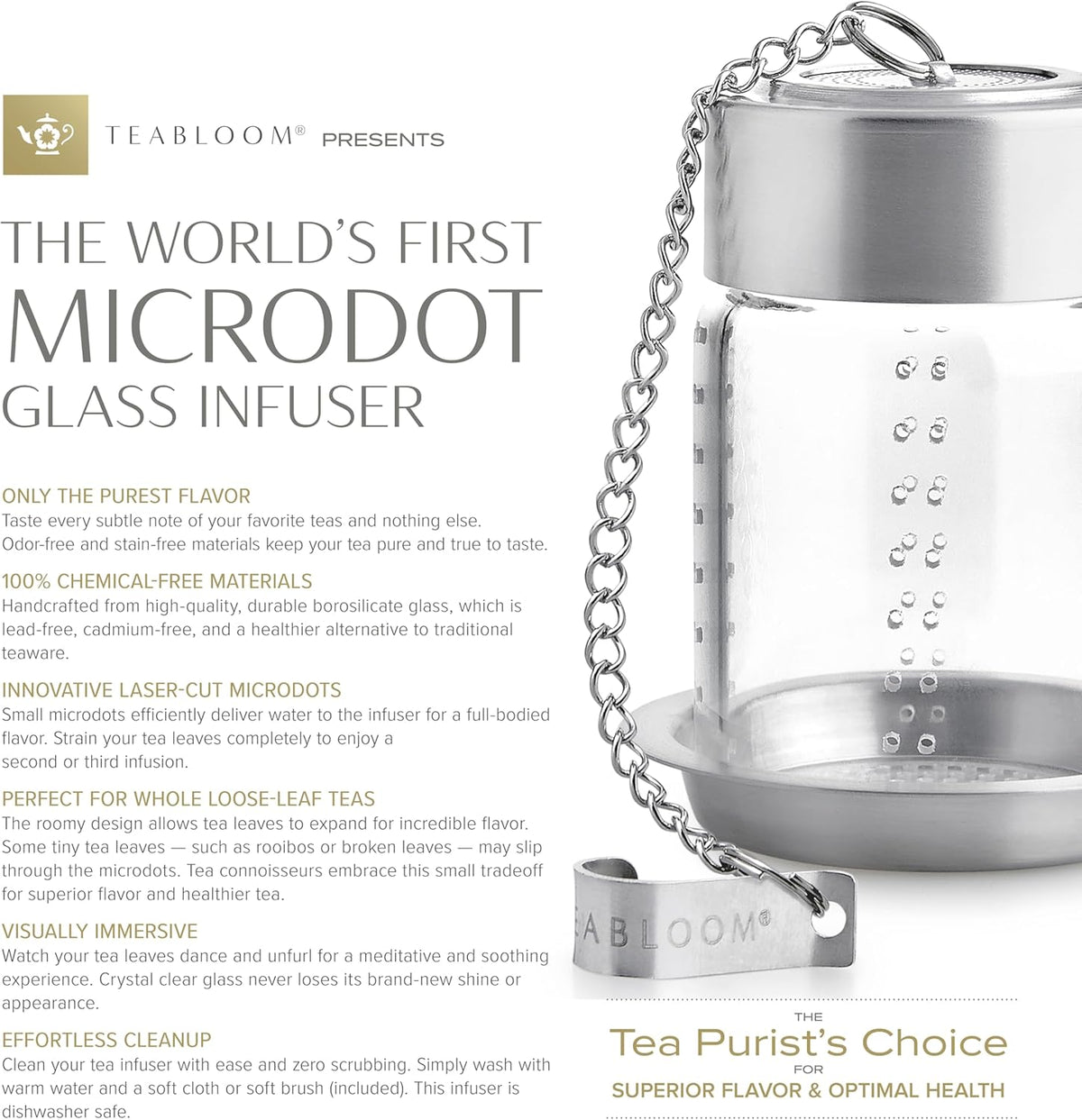 Teabloom Puresteep Glass Tea Infuser with Lid & Drip Tray – Borosilicate Glass Loose Leaf Steeper with Stainless Steel Chain – Non-Toxic – Small or Large Size